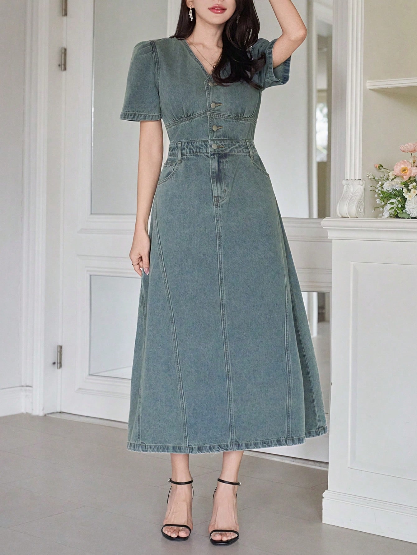 CM-DS941191 Women Casual Seoul Style V-Neck Puff Sleeve High Waist A-Line Denim Dress - Blue