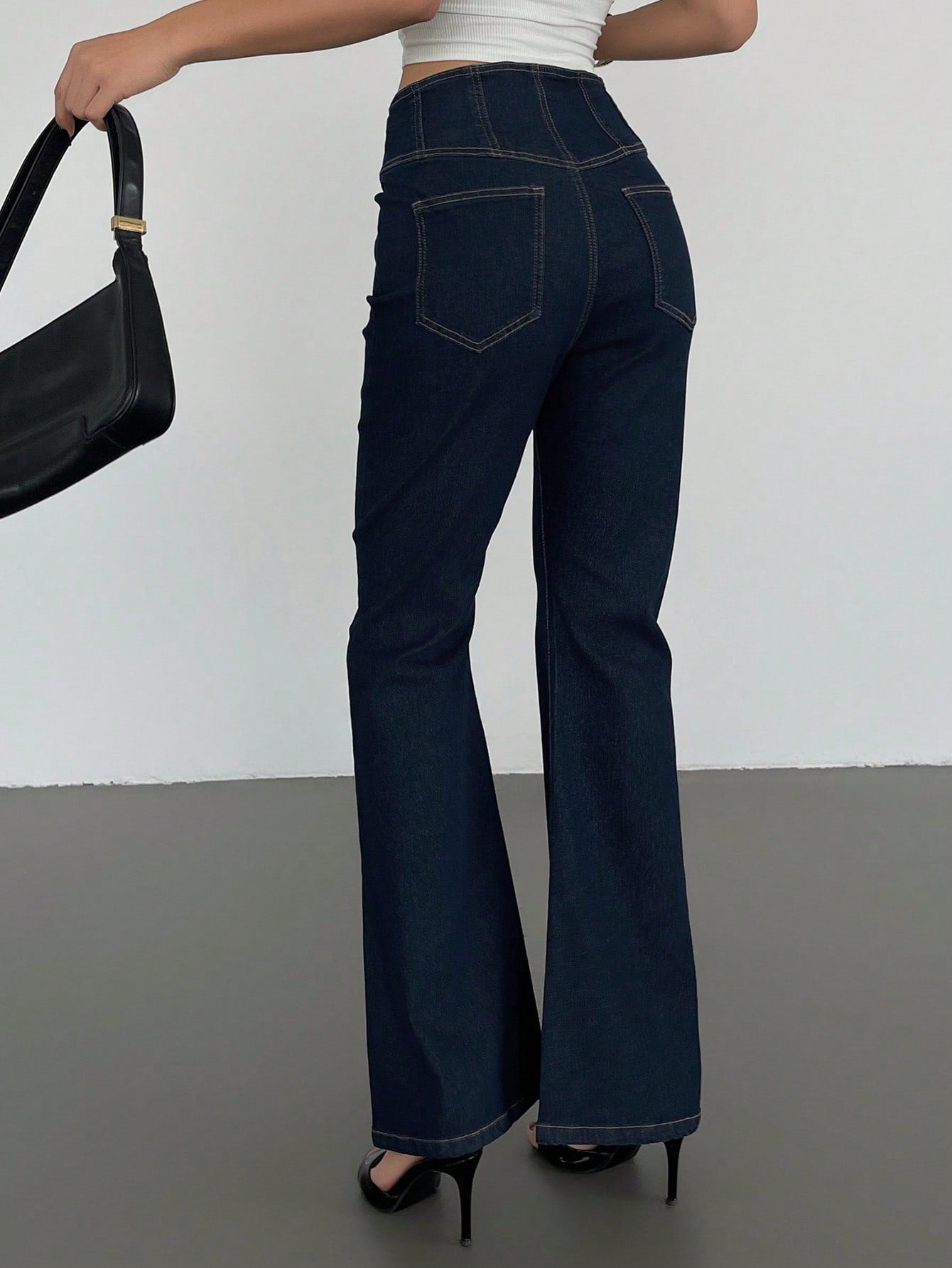 CM-BS769709 Women Casual Seoul Style Solid Color Waist Cinched Skinny Flare Leg Jeans - Blue