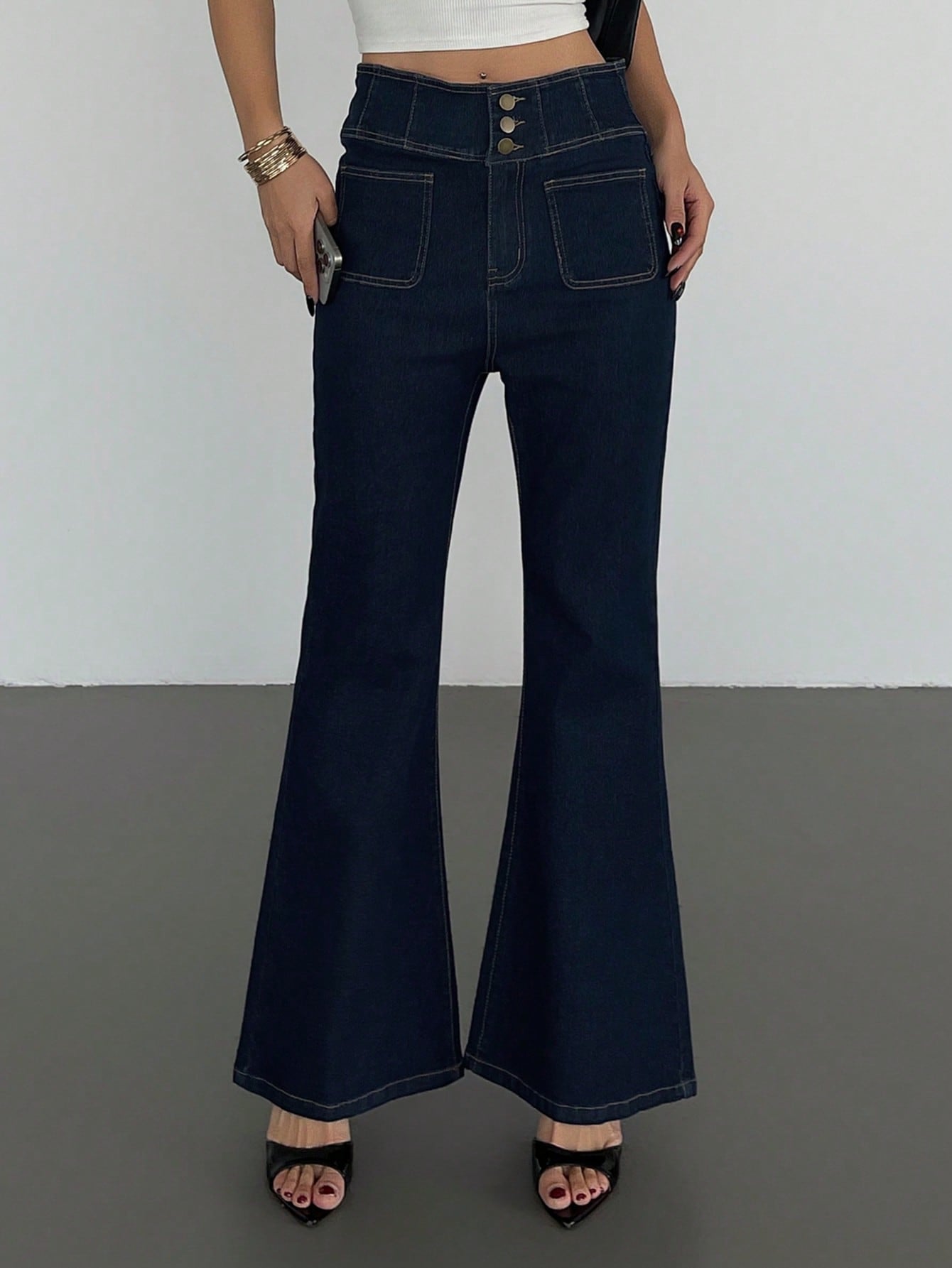 CM-BS769709 Women Casual Seoul Style Solid Color Waist Cinched Skinny Flare Leg Jeans - Blue
