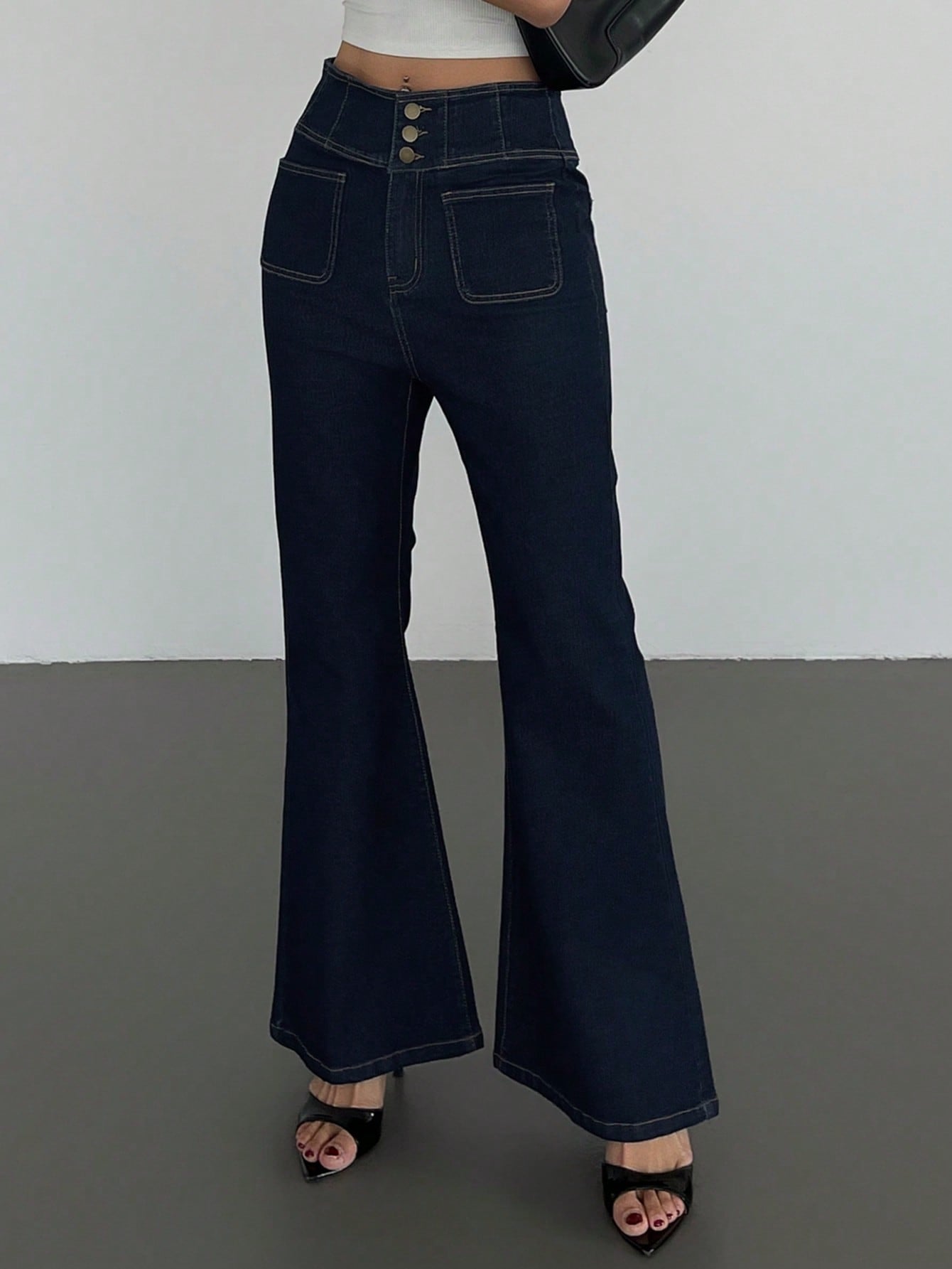 CM-BS769709 Women Casual Seoul Style Solid Color Waist Cinched Skinny Flare Leg Jeans - Blue