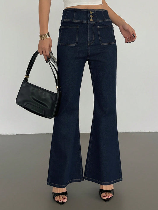 CM-BS769709 Women Casual Seoul Style Solid Color Waist Cinched Skinny Flare Leg Jeans - Blue