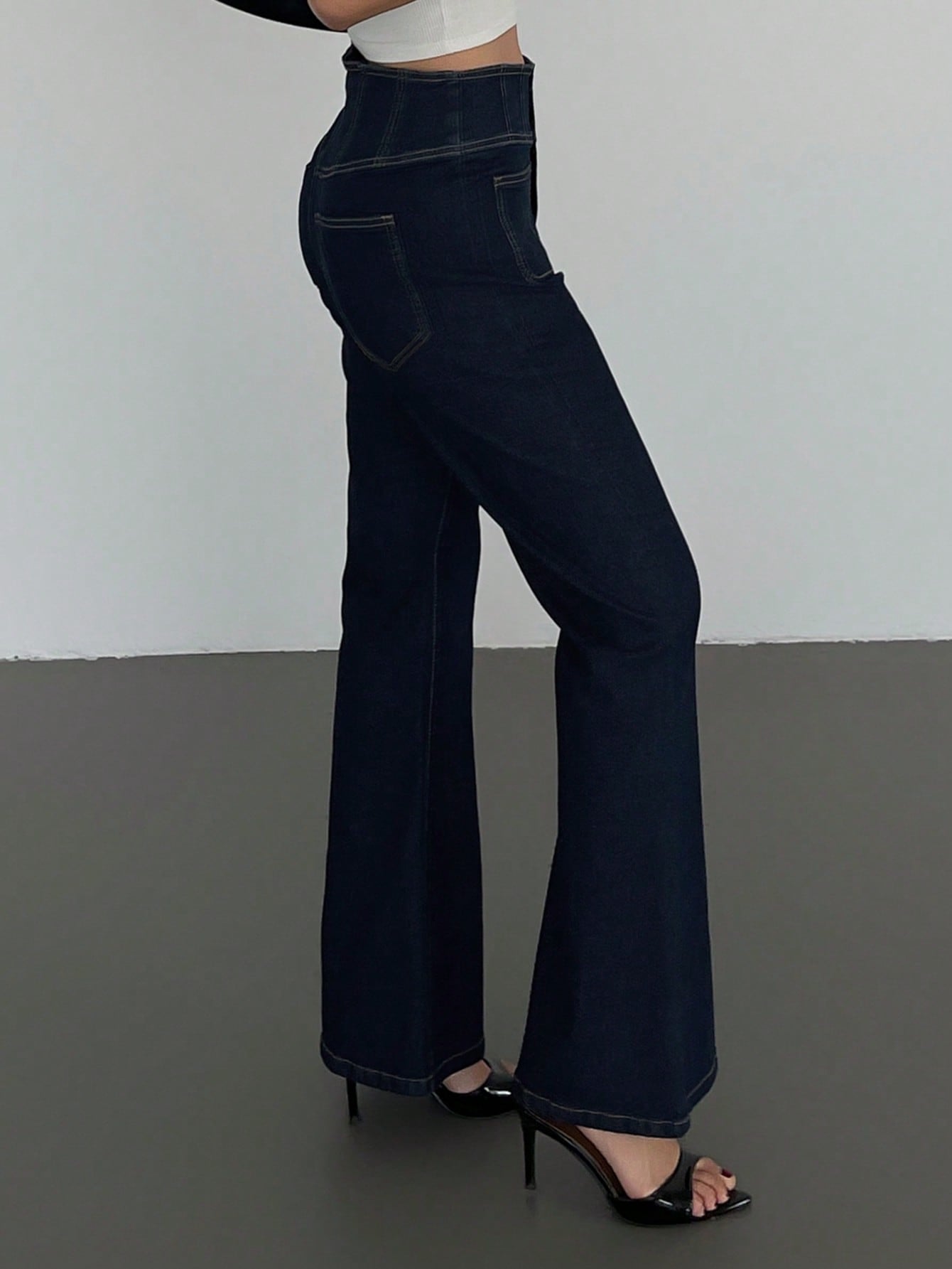CM-BS769709 Women Casual Seoul Style Solid Color Waist Cinched Skinny Flare Leg Jeans - Blue