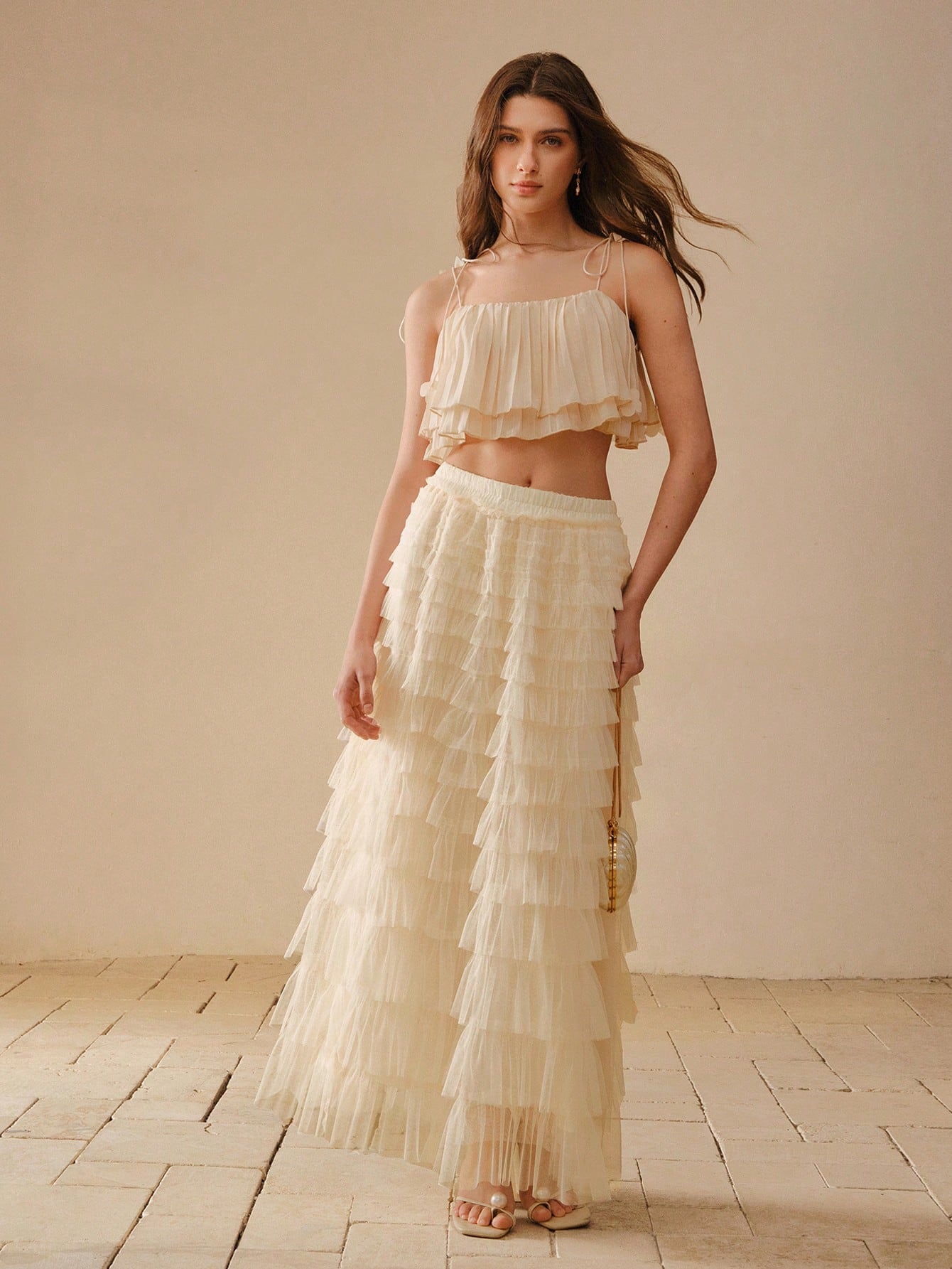CM-BS744407 Women Elegant Seoul Style Mid Waist Tiered Layer Contrast Mesh Skirt - White