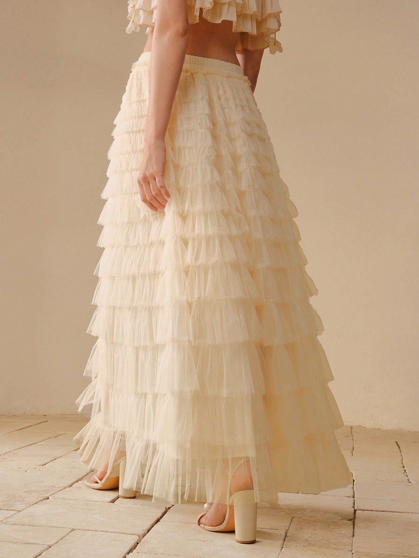 CM-BS744407 Women Elegant Seoul Style Mid Waist Tiered Layer Contrast Mesh Skirt - White