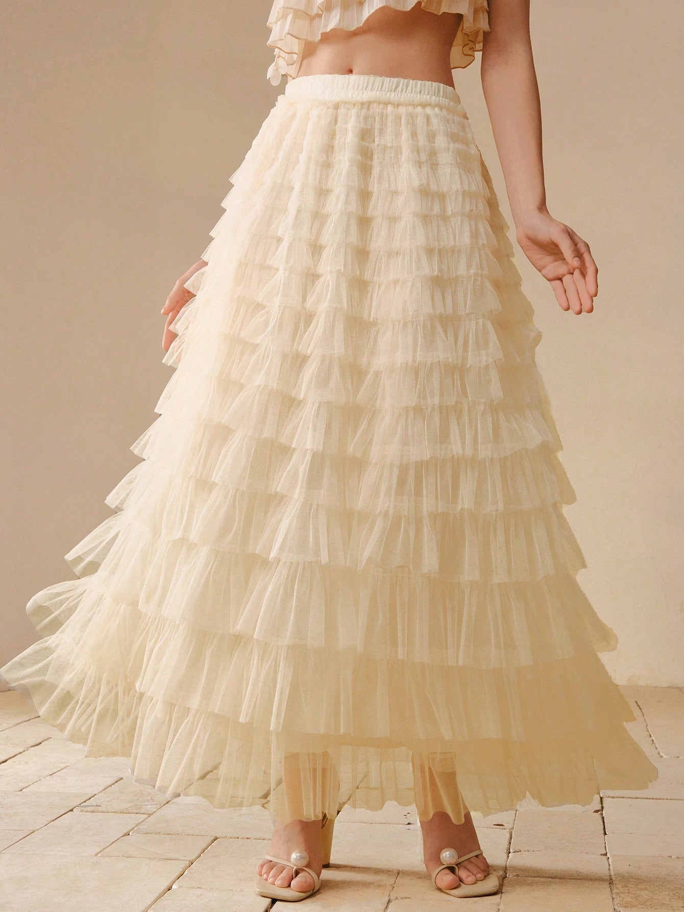 CM-BS744407 Women Elegant Seoul Style Mid Waist Tiered Layer Contrast Mesh Skirt - White
