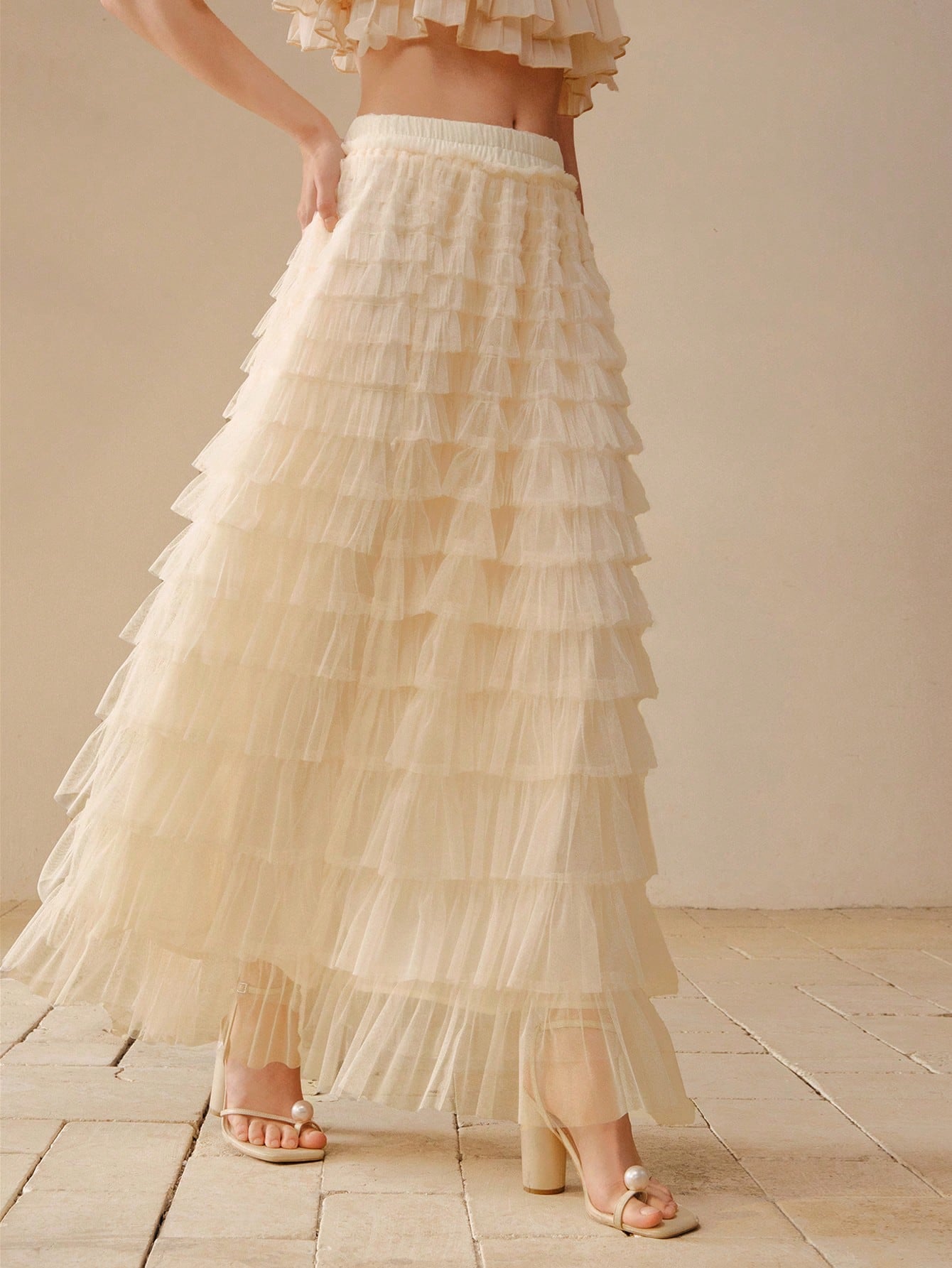 CM-BS744407 Women Elegant Seoul Style Mid Waist Tiered Layer Contrast Mesh Skirt - White