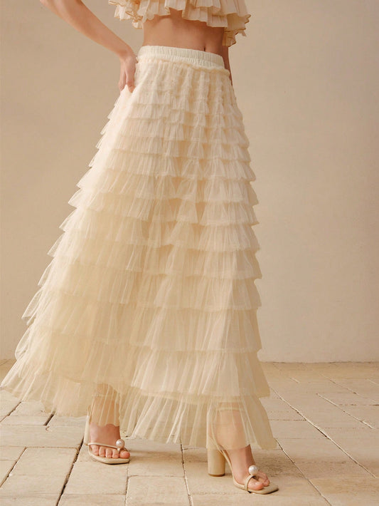 CM-BS744407 Women Elegant Seoul Style Mid Waist Tiered Layer Contrast Mesh Skirt - White