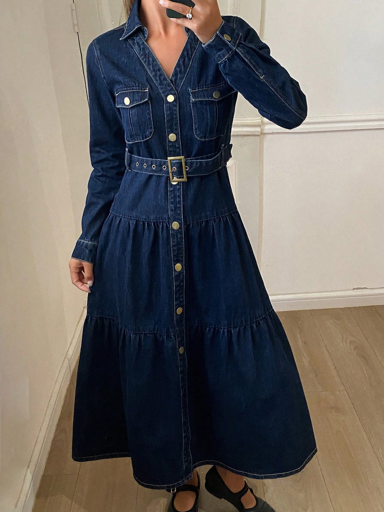 CM-DS610916 Women Casual Seoul Style Collar Neckline Long Sleeve High Waist Belted Denim Dress - Navy Blue