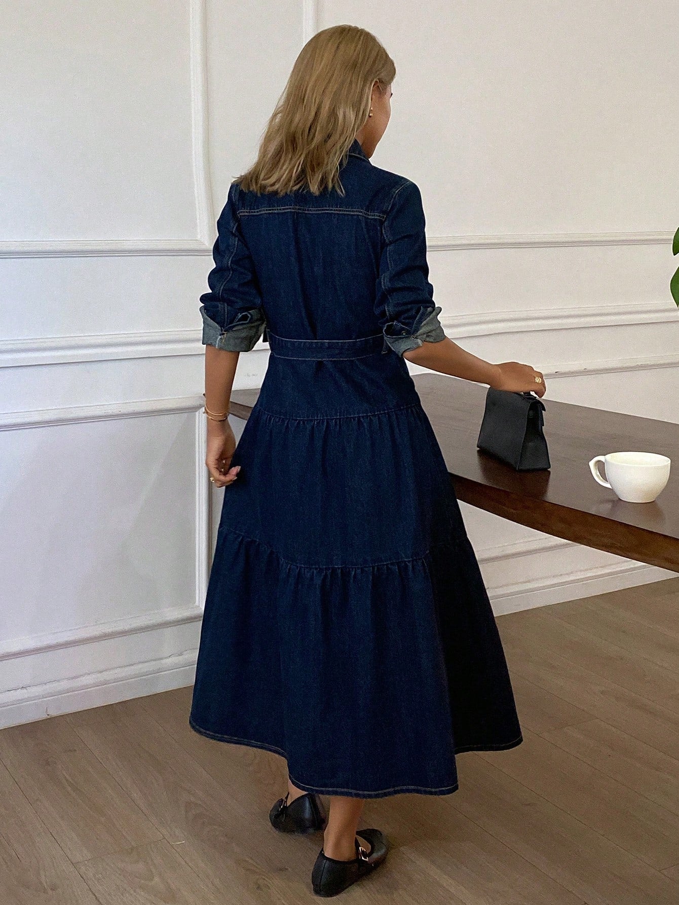 CM-DS610916 Women Casual Seoul Style Collar Neckline Long Sleeve High Waist Belted Denim Dress - Navy Blue