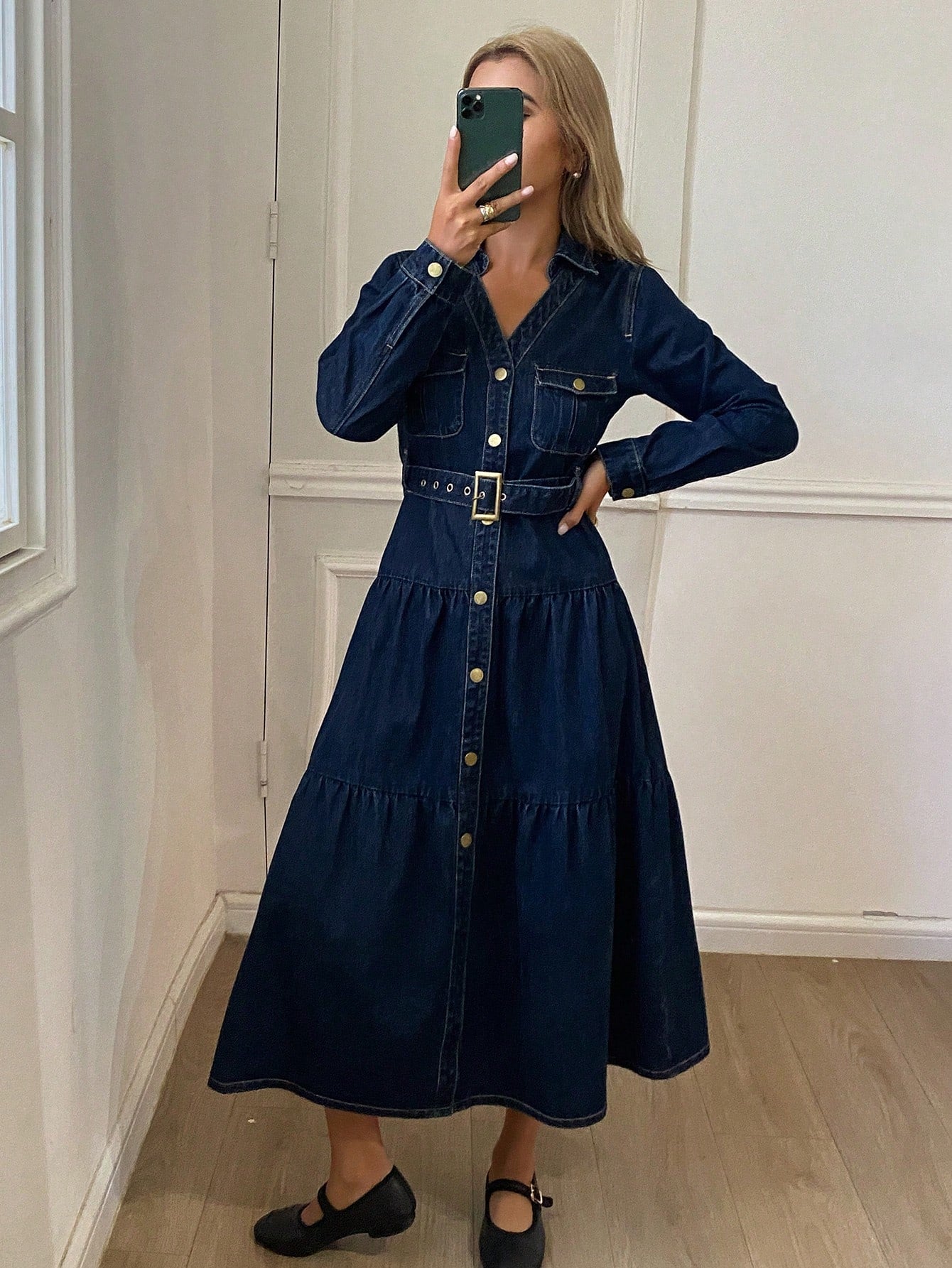 CM-DS610916 Women Casual Seoul Style Collar Neckline Long Sleeve High Waist Belted Denim Dress - Navy Blue