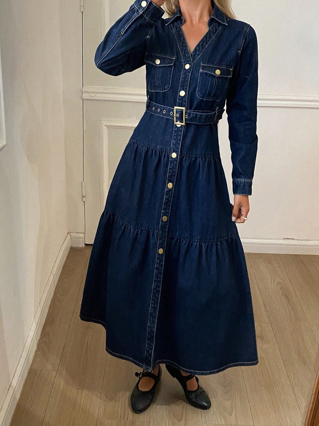 CM-DS610916 Women Casual Seoul Style Collar Neckline Long Sleeve High Waist Belted Denim Dress - Navy Blue