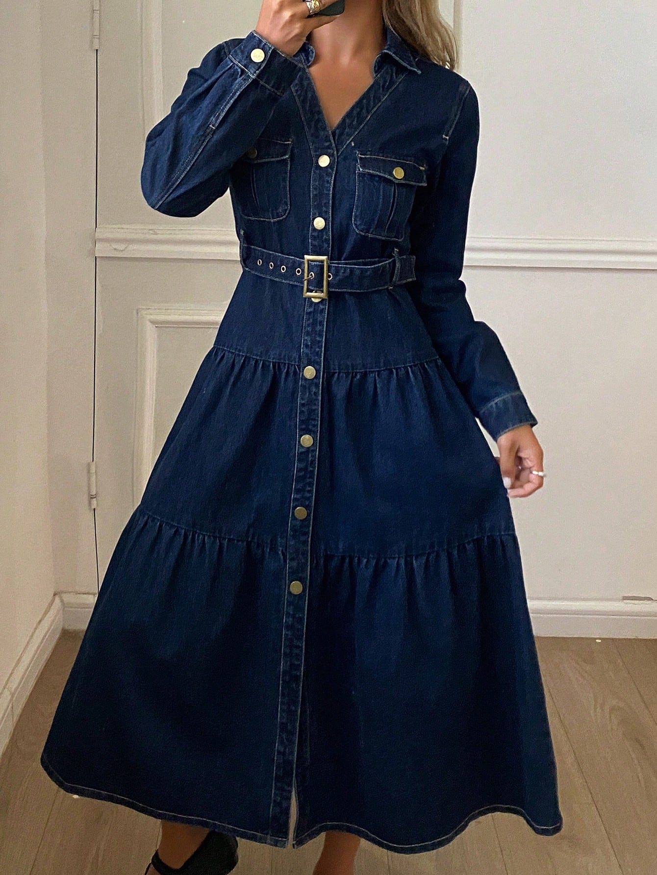 CM-DS610916 Women Casual Seoul Style Collar Neckline Long Sleeve High Waist Belted Denim Dress - Navy Blue
