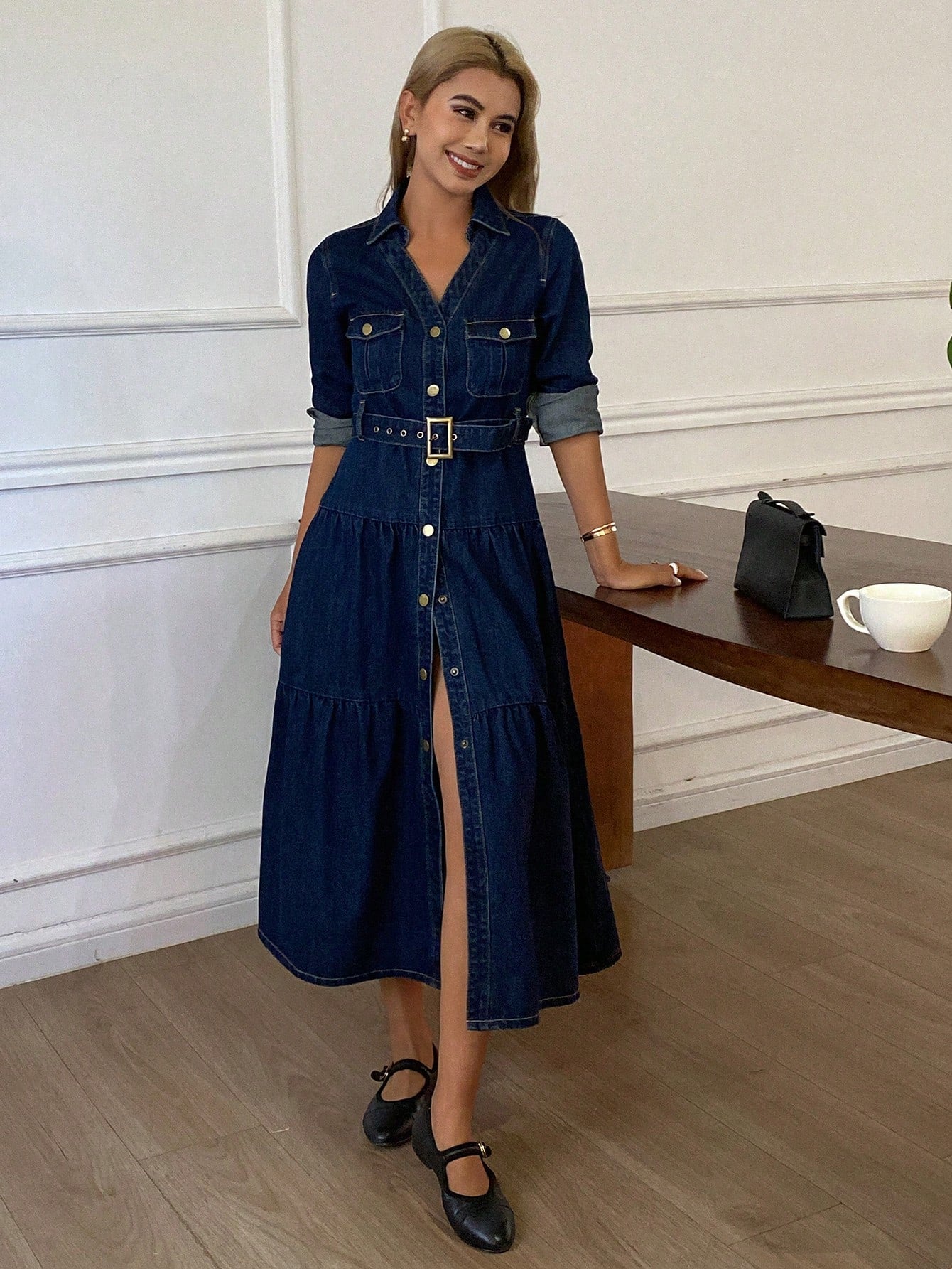 CM-DS610916 Women Casual Seoul Style Collar Neckline Long Sleeve High Waist Belted Denim Dress - Navy Blue
