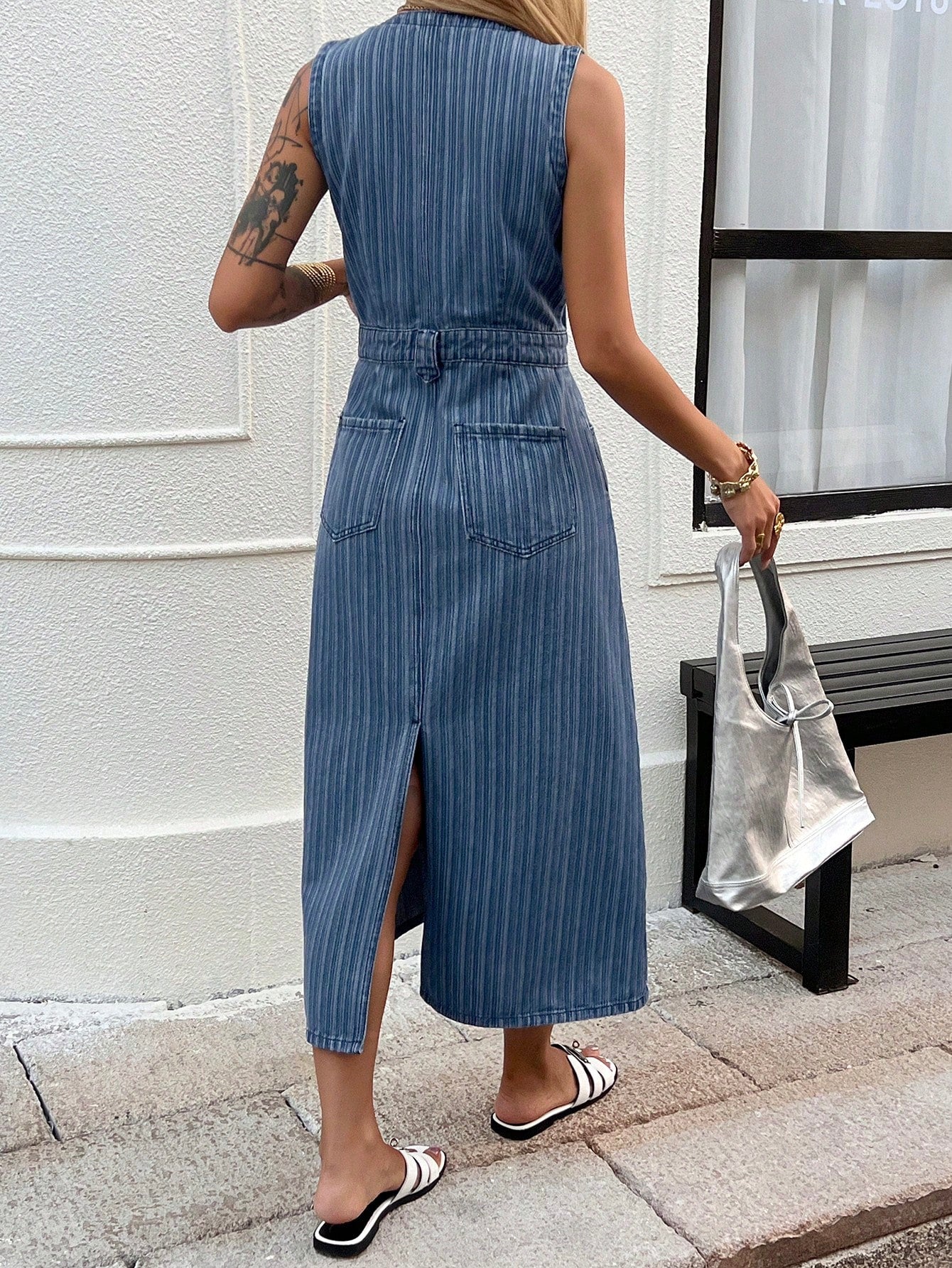 CM-DS196456 Women Casual Seoul Style Striped Round Neck Sleeveless High Waist Denim Dress - Blue