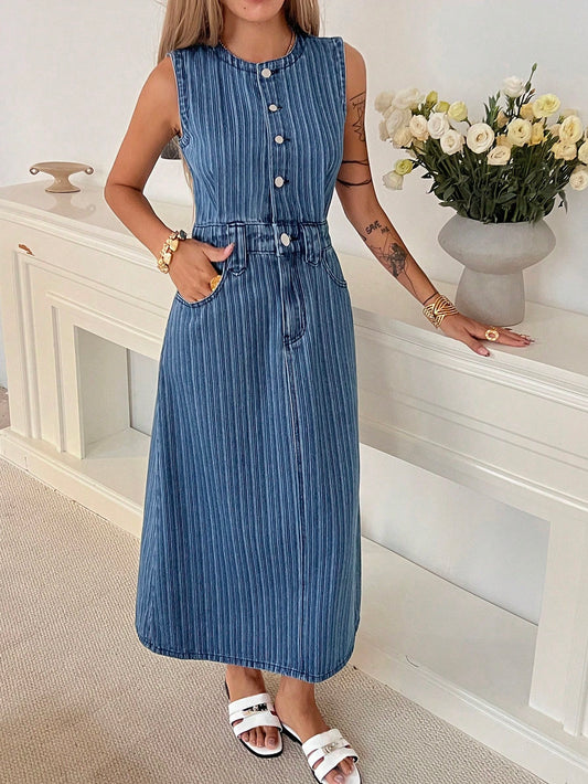 CM-DS196456 Women Casual Seoul Style Striped Round Neck Sleeveless High Waist Denim Dress - Blue