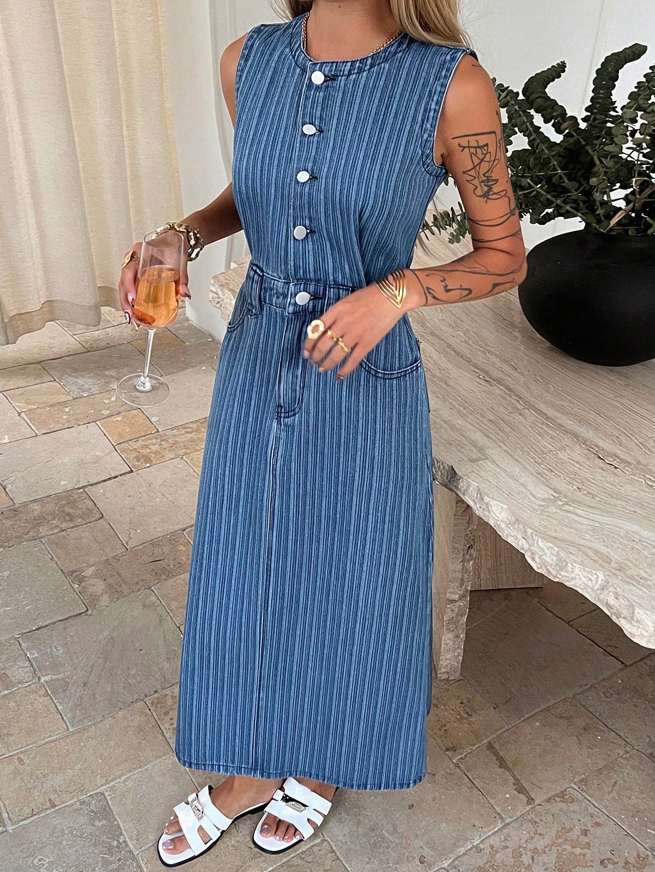 CM-DS196456 Women Casual Seoul Style Striped Round Neck Sleeveless High Waist Denim Dress - Blue