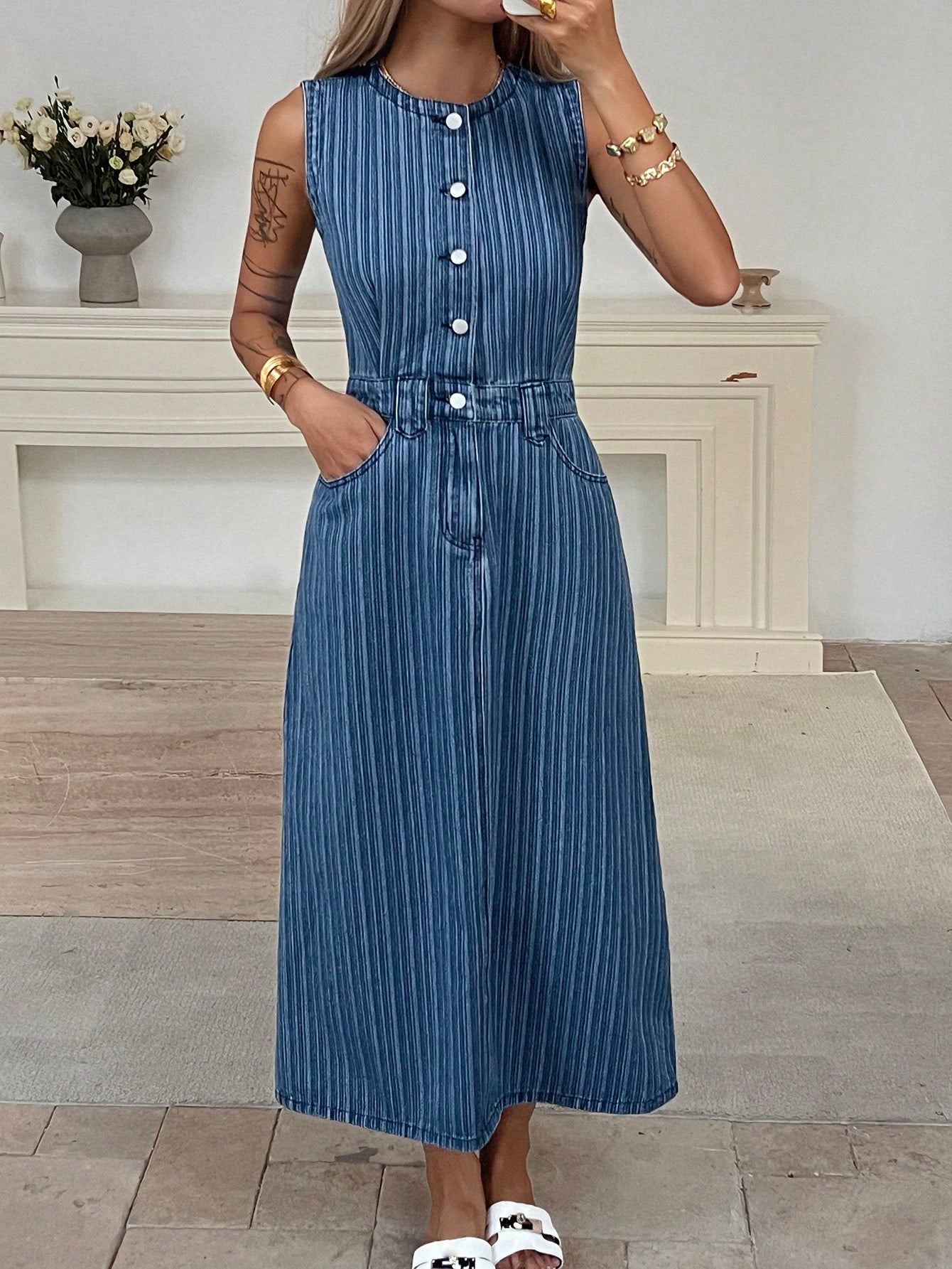 CM-DS196456 Women Casual Seoul Style Striped Round Neck Sleeveless High Waist Denim Dress - Blue