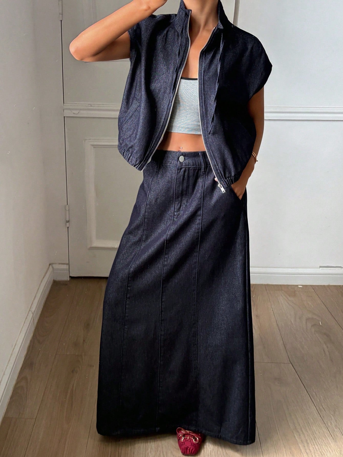 CM-SS894854 Women Casual Seoul Style Fitted Sleeveless Zipper Denim Vest With A-Line Long Skirt - Set