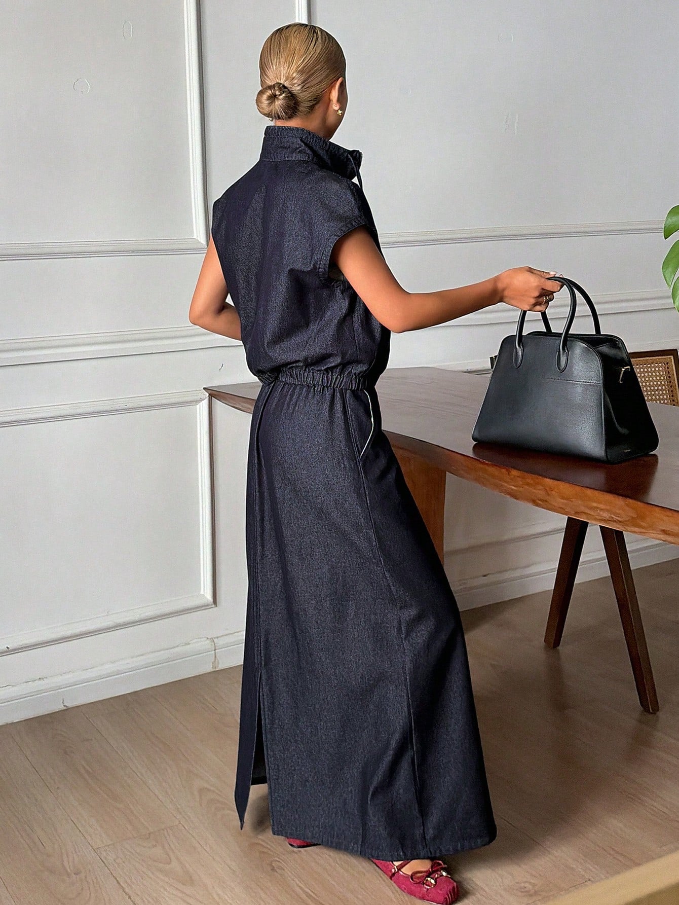 CM-SS894854 Women Casual Seoul Style Fitted Sleeveless Zipper Denim Vest With A-Line Long Skirt - Set