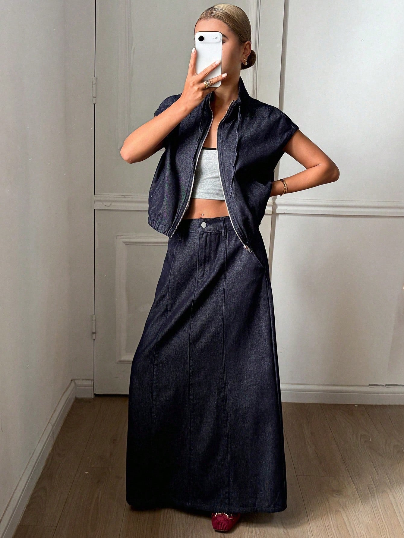 CM-SS894854 Women Casual Seoul Style Fitted Sleeveless Zipper Denim Vest With A-Line Long Skirt - Set