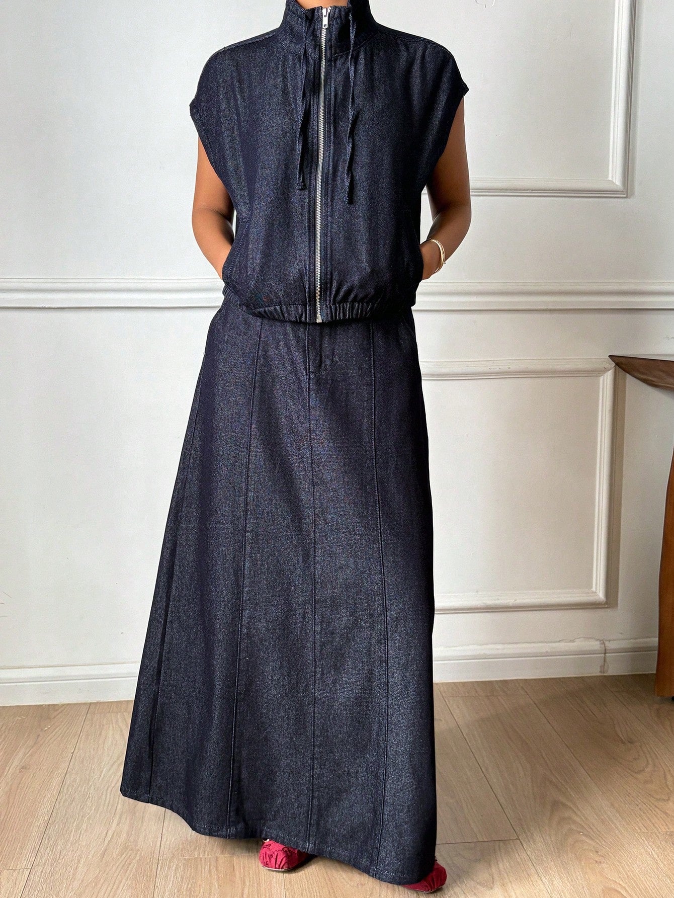CM-SS894854 Women Casual Seoul Style Fitted Sleeveless Zipper Denim Vest With A-Line Long Skirt - Set