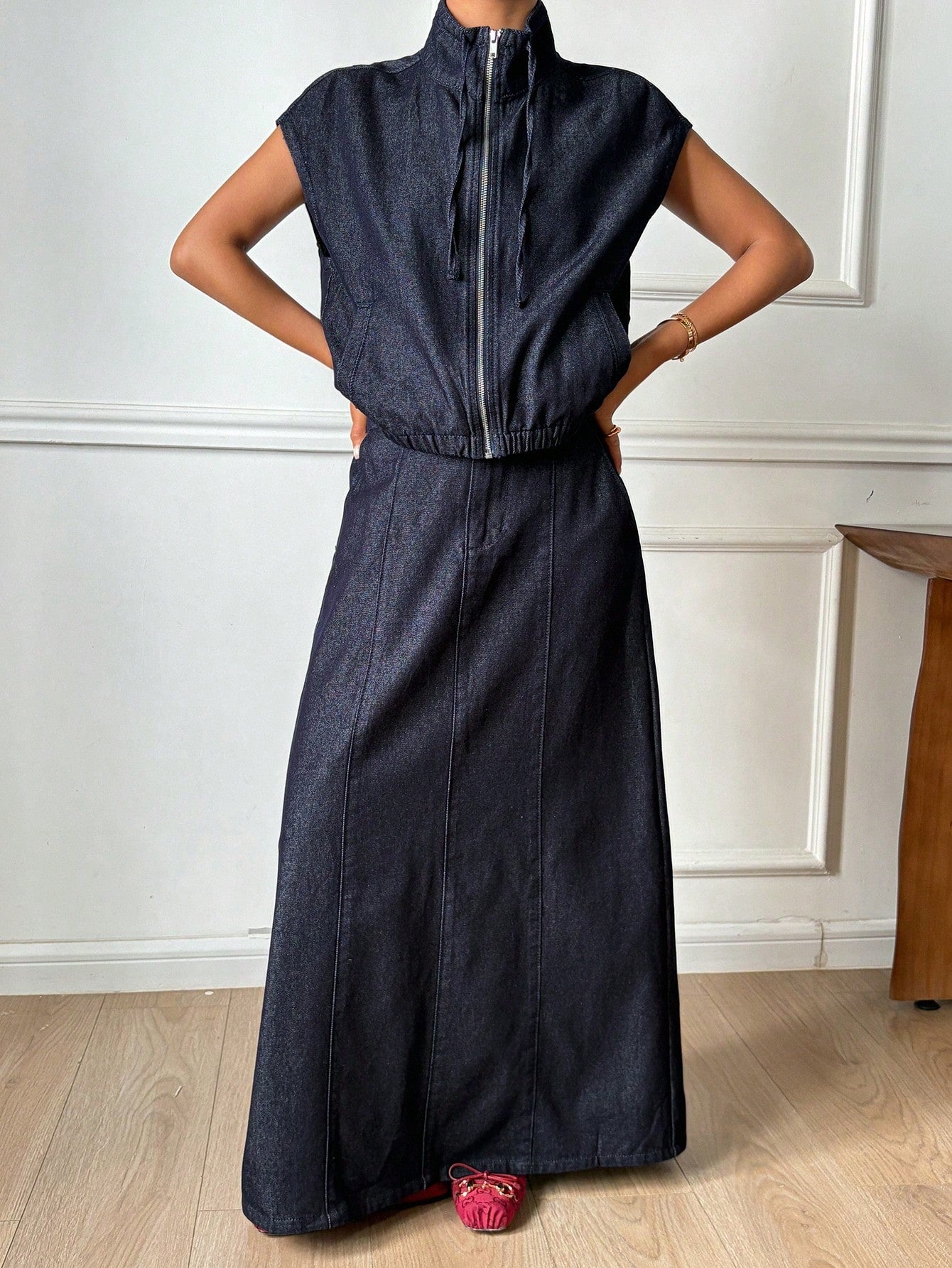CM-SS894854 Women Casual Seoul Style Fitted Sleeveless Zipper Denim Vest With A-Line Long Skirt - Set