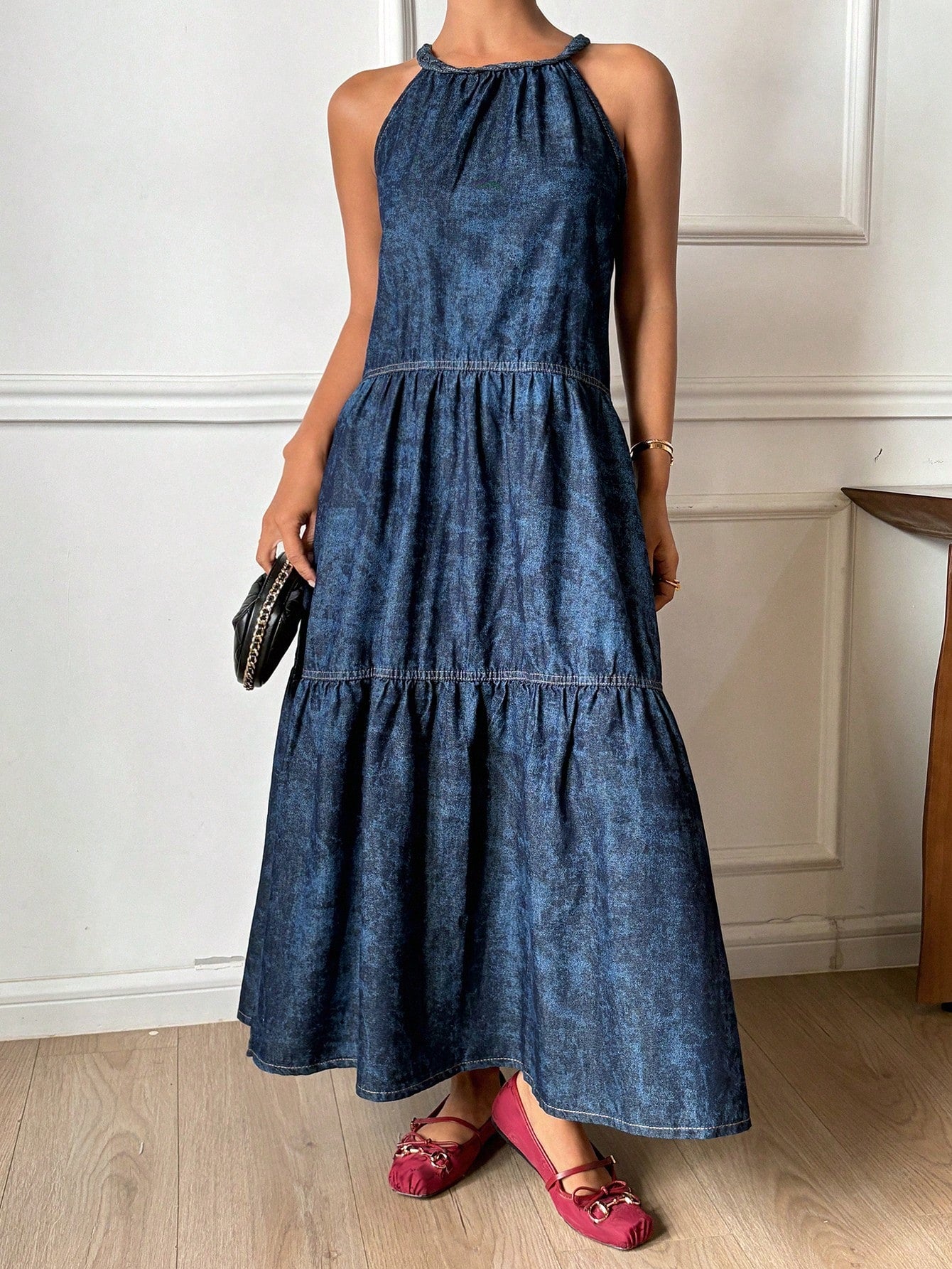 CM-DS125182 Women Casual Seoul Style Tie-Dye Print Loose Strap Off Shoulder Sleeveless Denim Dress