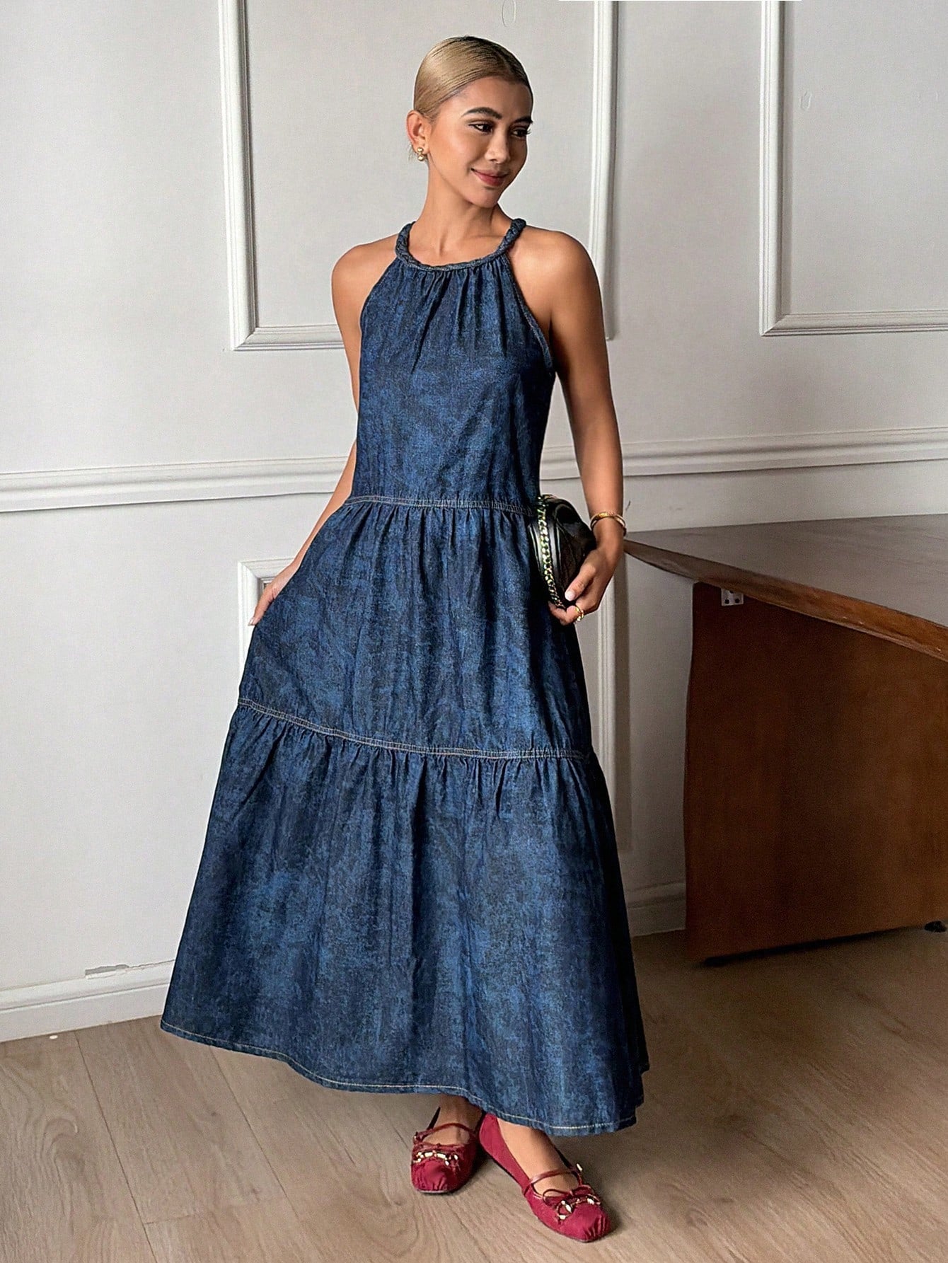 CM-DS125182 Women Casual Seoul Style Tie-Dye Print Loose Strap Off Shoulder Sleeveless Denim Dress