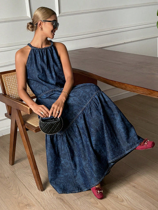 CM-DS125182 Women Casual Seoul Style Tie-Dye Print Loose Strap Off Shoulder Sleeveless Denim Dress