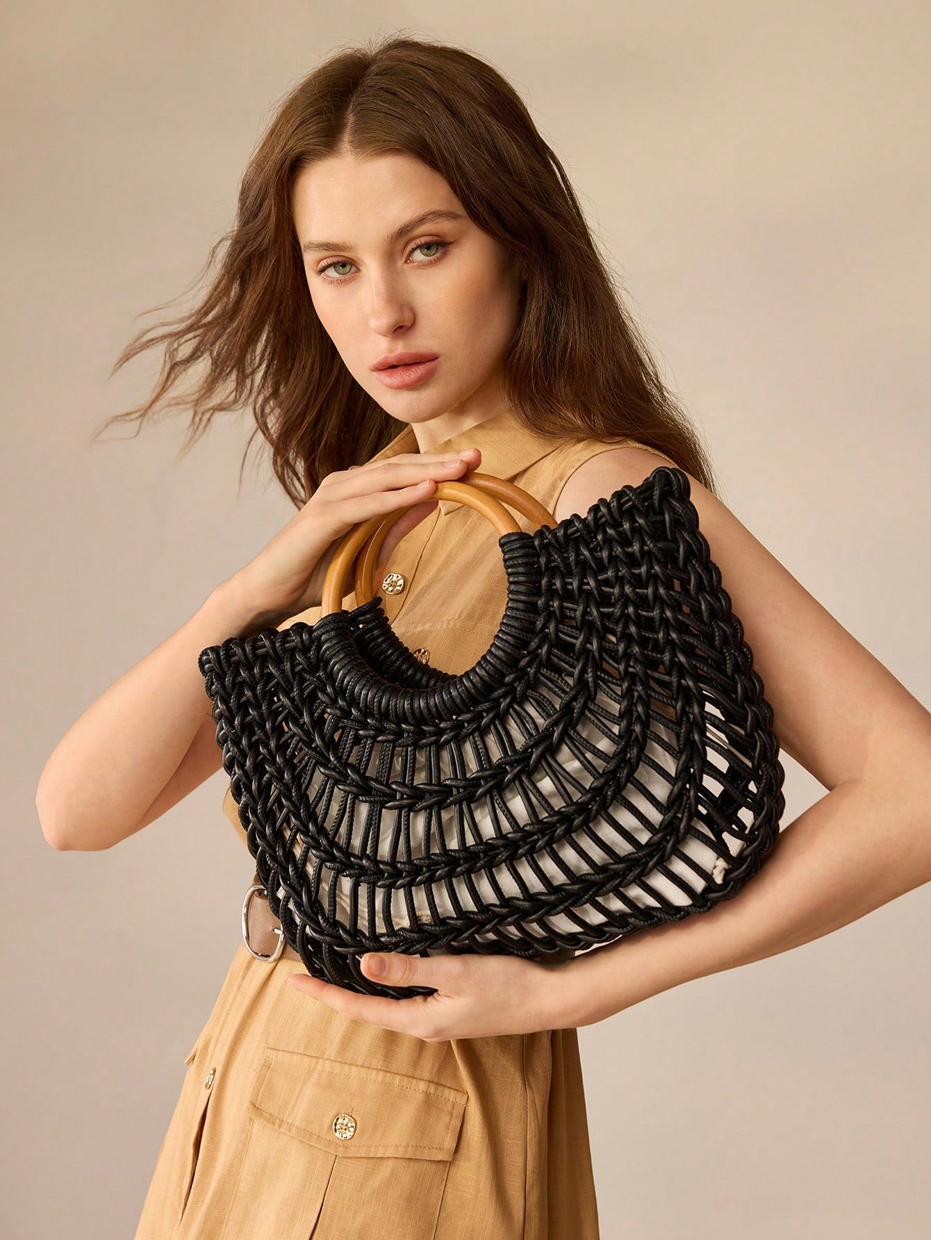 CM-BGS668080 Women Trendy Seoul Style Woven Ring Handle Tote Bag - Black