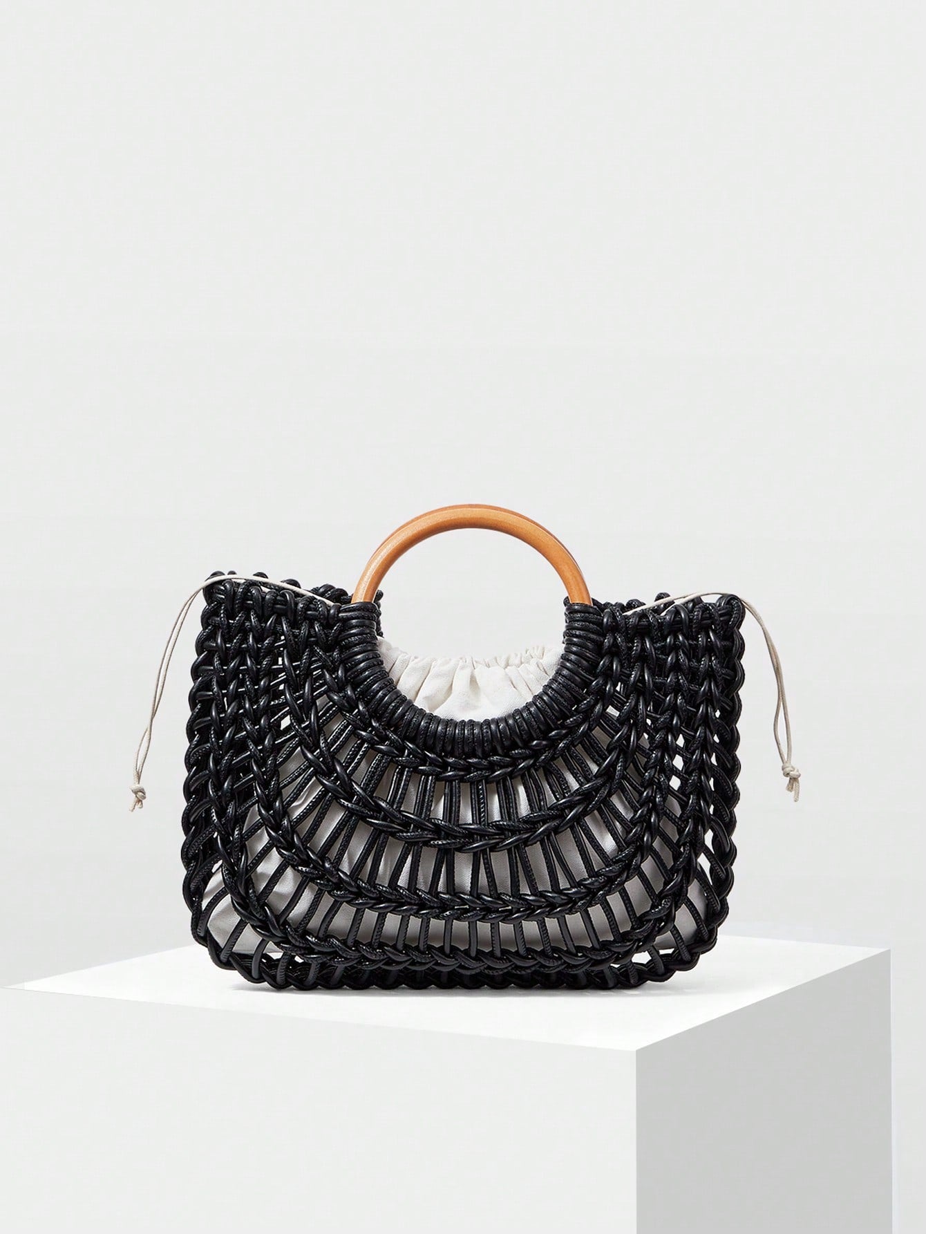 CM-BGS668080 Women Trendy Seoul Style Woven Ring Handle Tote Bag - Black
