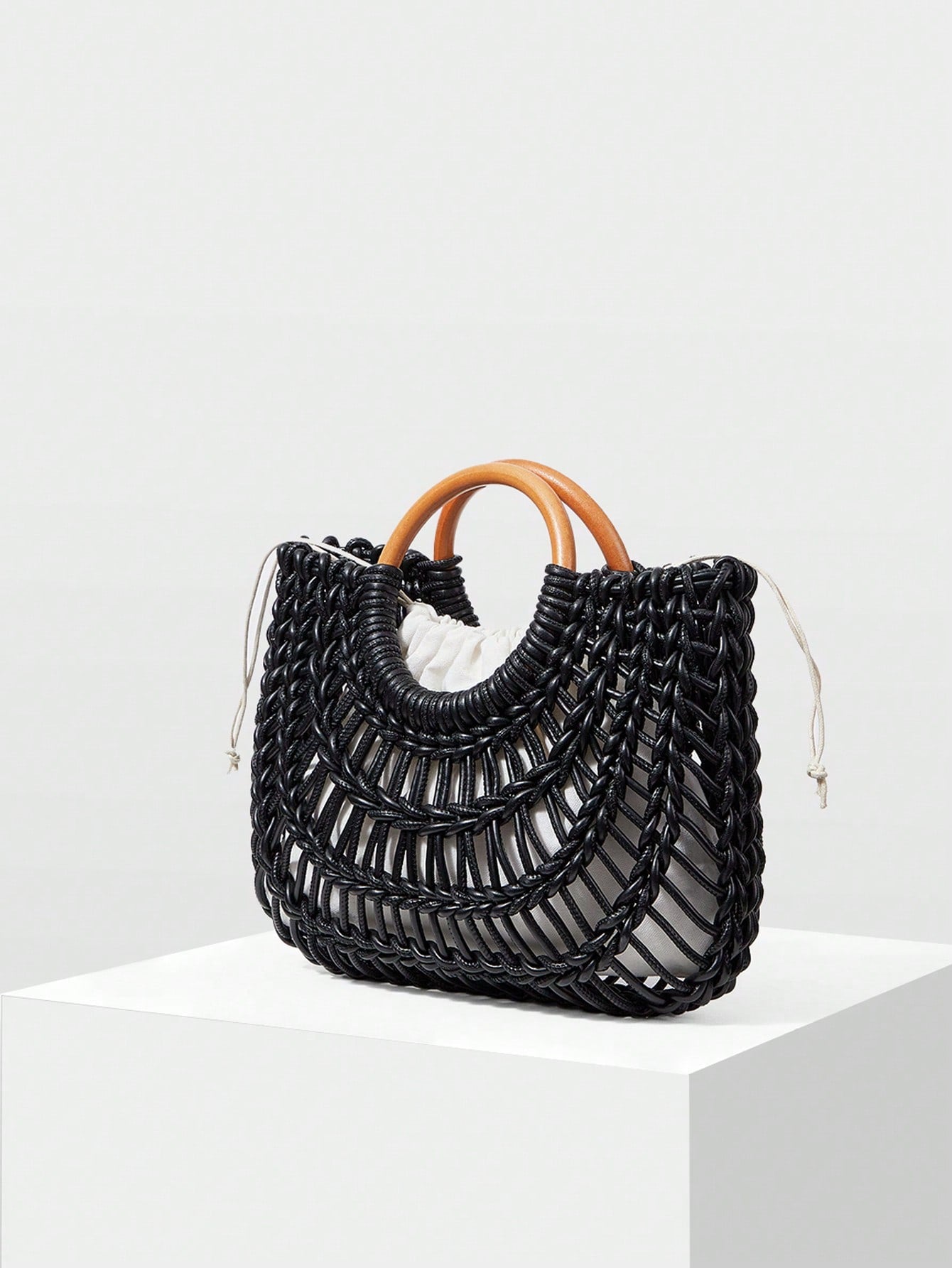 CM-BGS668080 Women Trendy Seoul Style Woven Ring Handle Tote Bag - Black