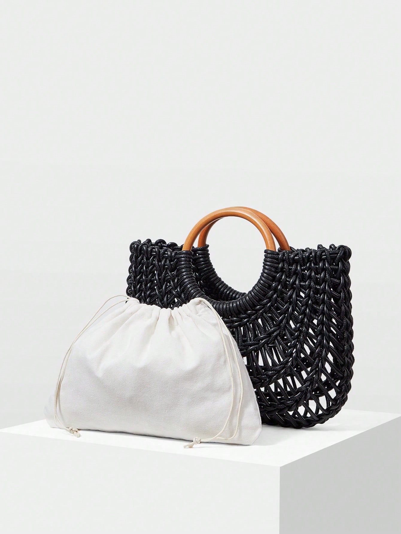 CM-BGS668080 Women Trendy Seoul Style Woven Ring Handle Tote Bag - Black