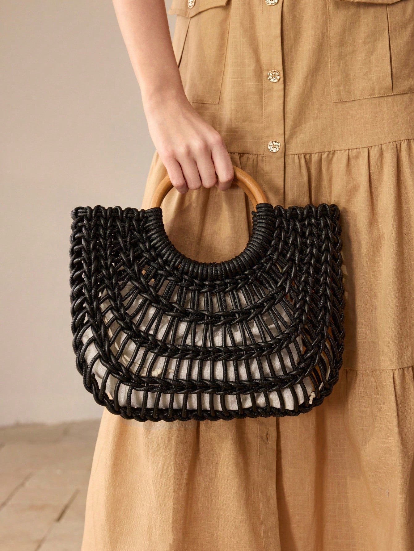 CM-BGS668080 Women Trendy Seoul Style Woven Ring Handle Tote Bag - Black