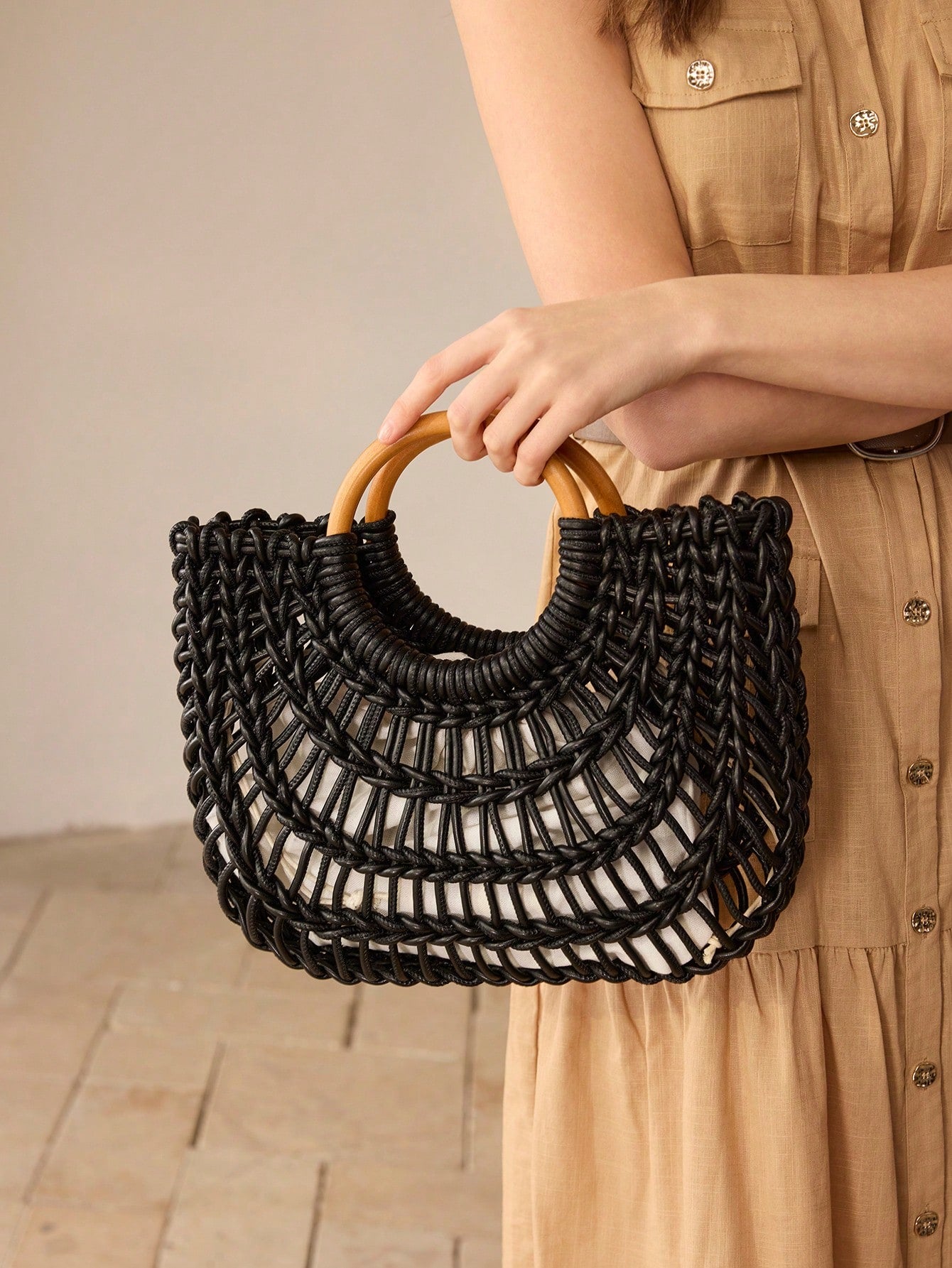 CM-BGS668080 Women Trendy Seoul Style Woven Ring Handle Tote Bag - Black