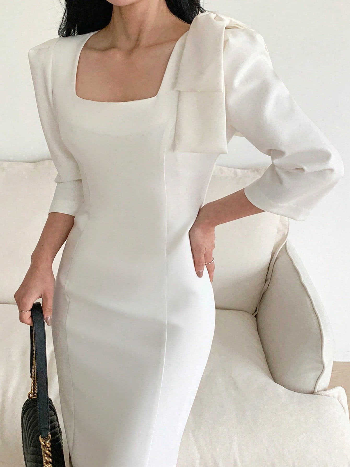 CM-DS746992 Women Elegant Seoul Style Square Neck Waist Puff Sleeve Cinched Bow Decor Mid-Length Dress - White