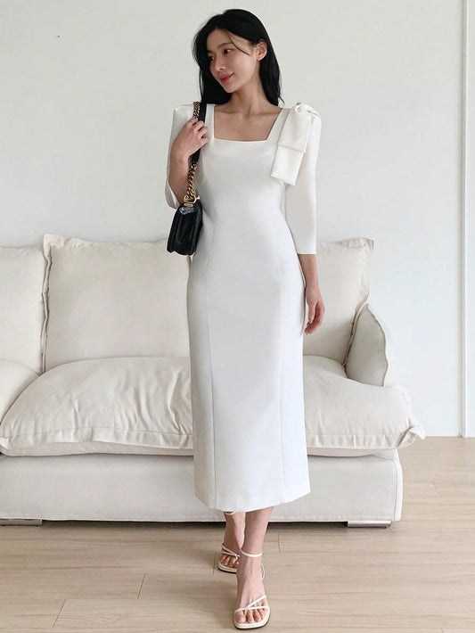 CM-DS746992 Women Elegant Seoul Style Square Neck Waist Puff Sleeve Cinched Bow Decor Mid-Length Dress - White