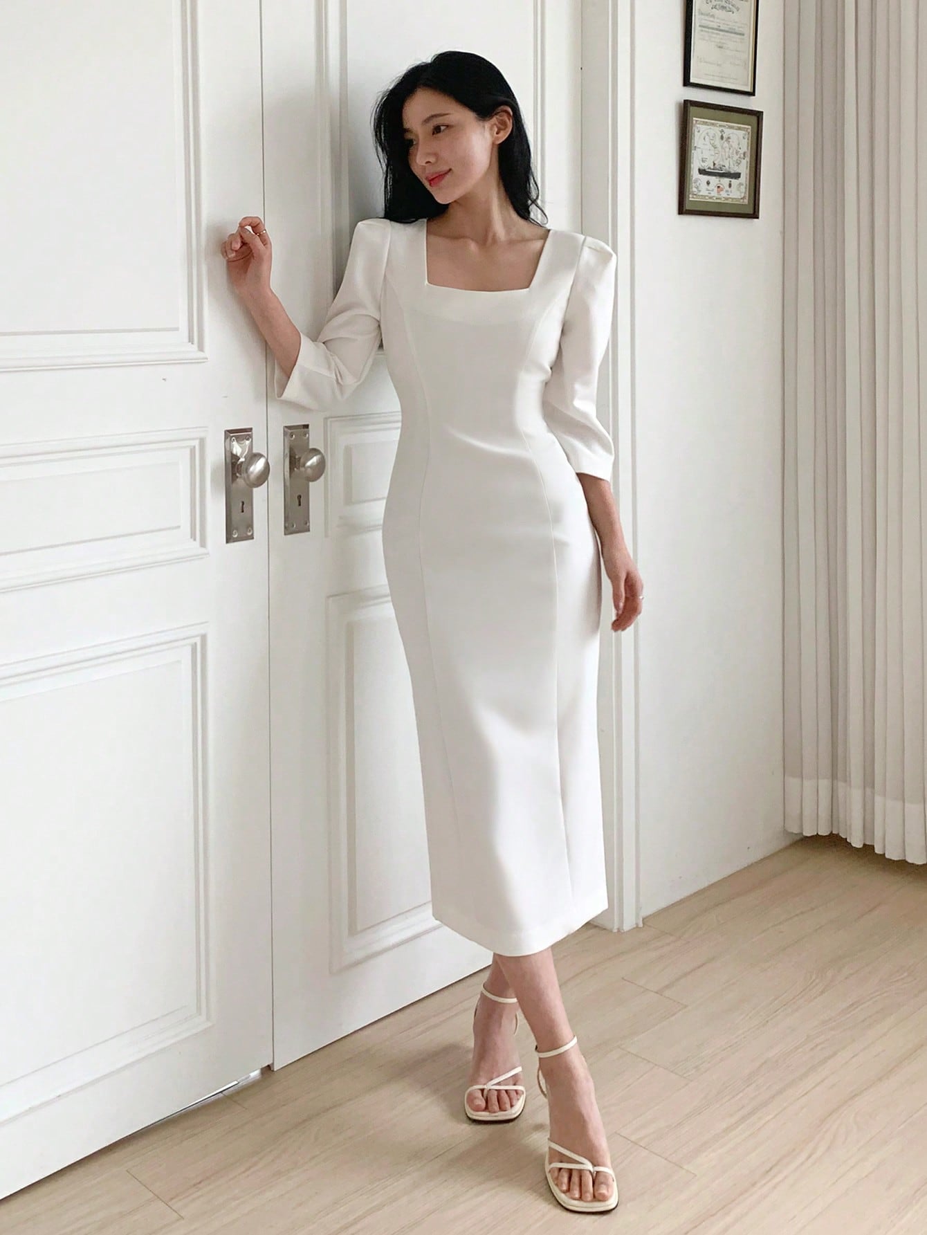 CM-DS746992 Women Elegant Seoul Style Square Neck Waist Puff Sleeve Cinched Bow Decor Mid-Length Dress - White