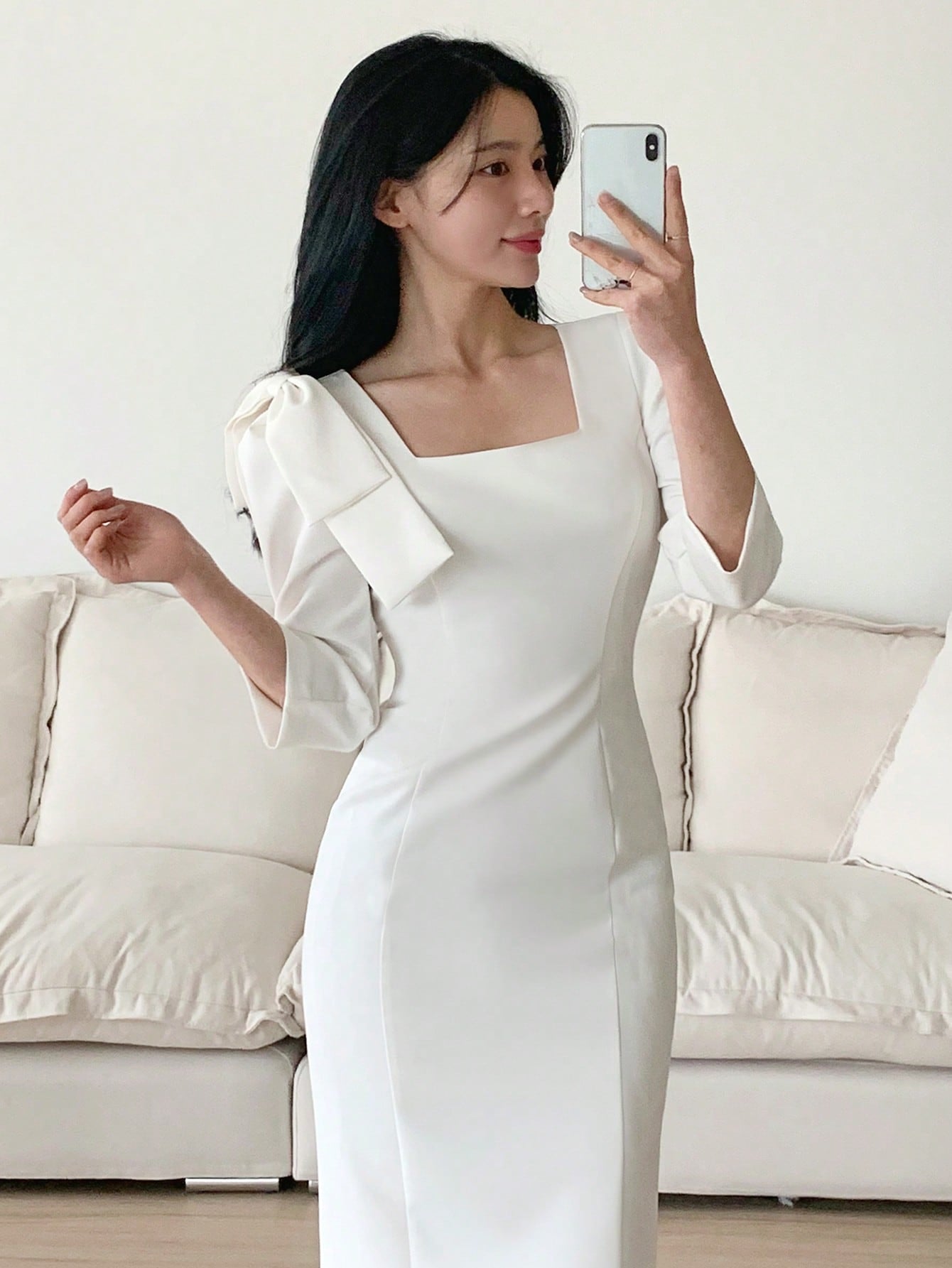 CM-DS746992 Women Elegant Seoul Style Square Neck Waist Puff Sleeve Cinched Bow Decor Mid-Length Dress - White