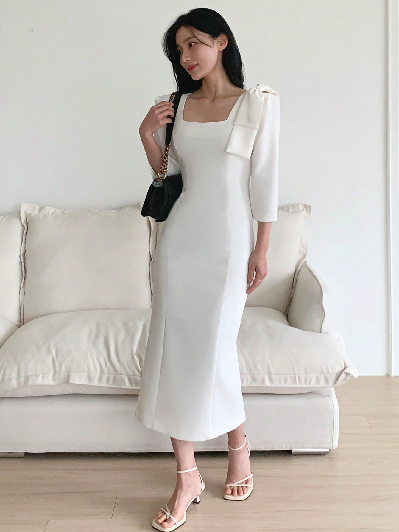 CM-DS746992 Women Elegant Seoul Style Square Neck Waist Puff Sleeve Cinched Bow Decor Mid-Length Dress - White