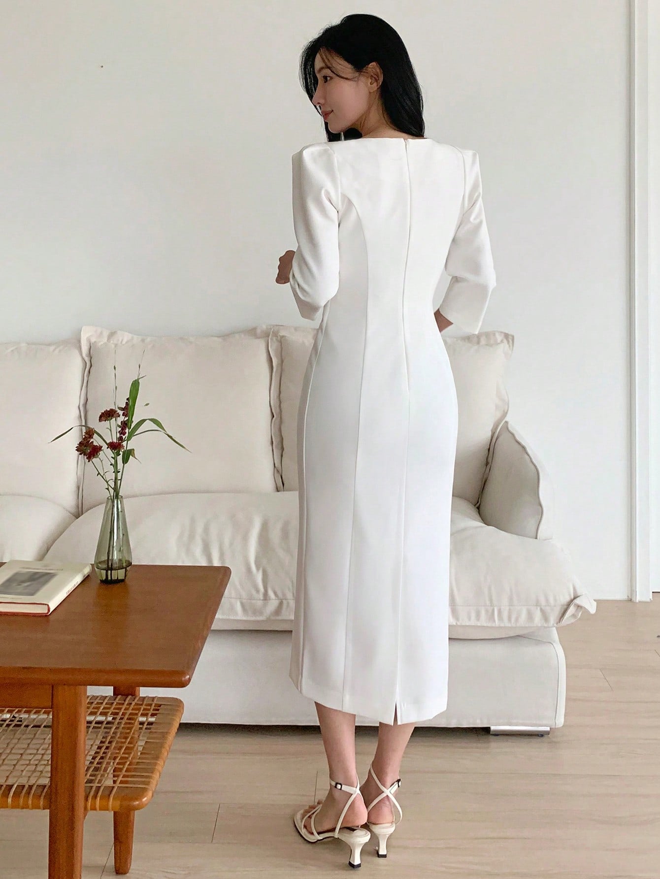 CM-DS746992 Women Elegant Seoul Style Square Neck Waist Puff Sleeve Cinched Bow Decor Mid-Length Dress - White