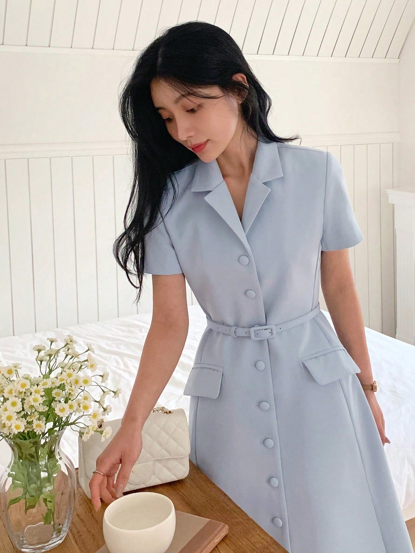 CM-DS642516 Women Casual Seoul Style Turndown Collar Waist Cinched Short Sleeve Midi Dress - Blue