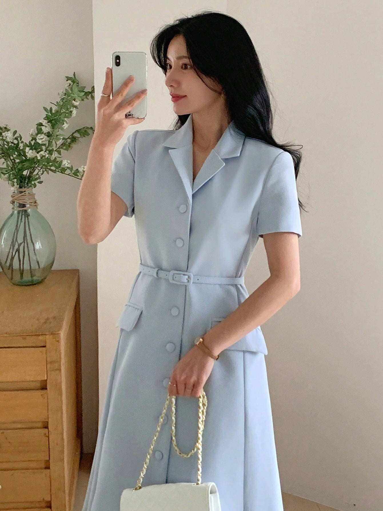 CM-DS642516 Women Casual Seoul Style Turndown Collar Waist Cinched Short Sleeve Midi Dress - Blue