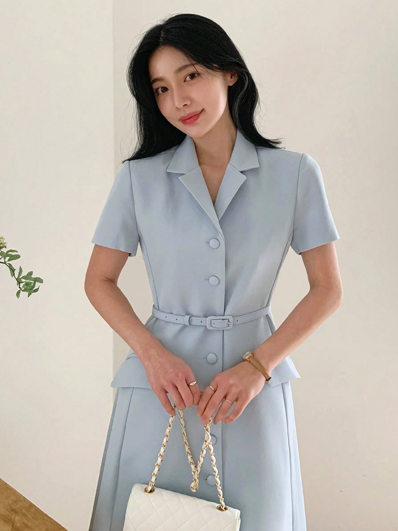 CM-DS642516 Women Casual Seoul Style Turndown Collar Waist Cinched Short Sleeve Midi Dress - Blue
