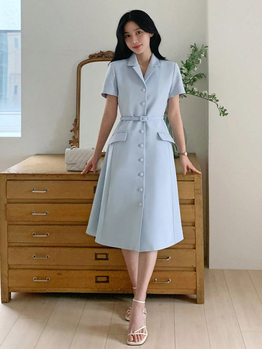 CM-DS642516 Women Casual Seoul Style Turndown Collar Waist Cinched Short Sleeve Midi Dress - Blue