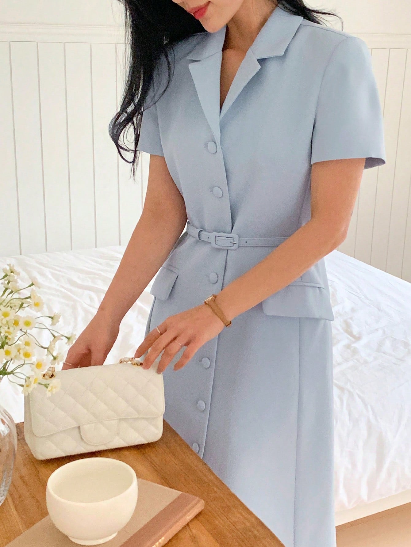 CM-DS642516 Women Casual Seoul Style Turndown Collar Waist Cinched Short Sleeve Midi Dress - Blue