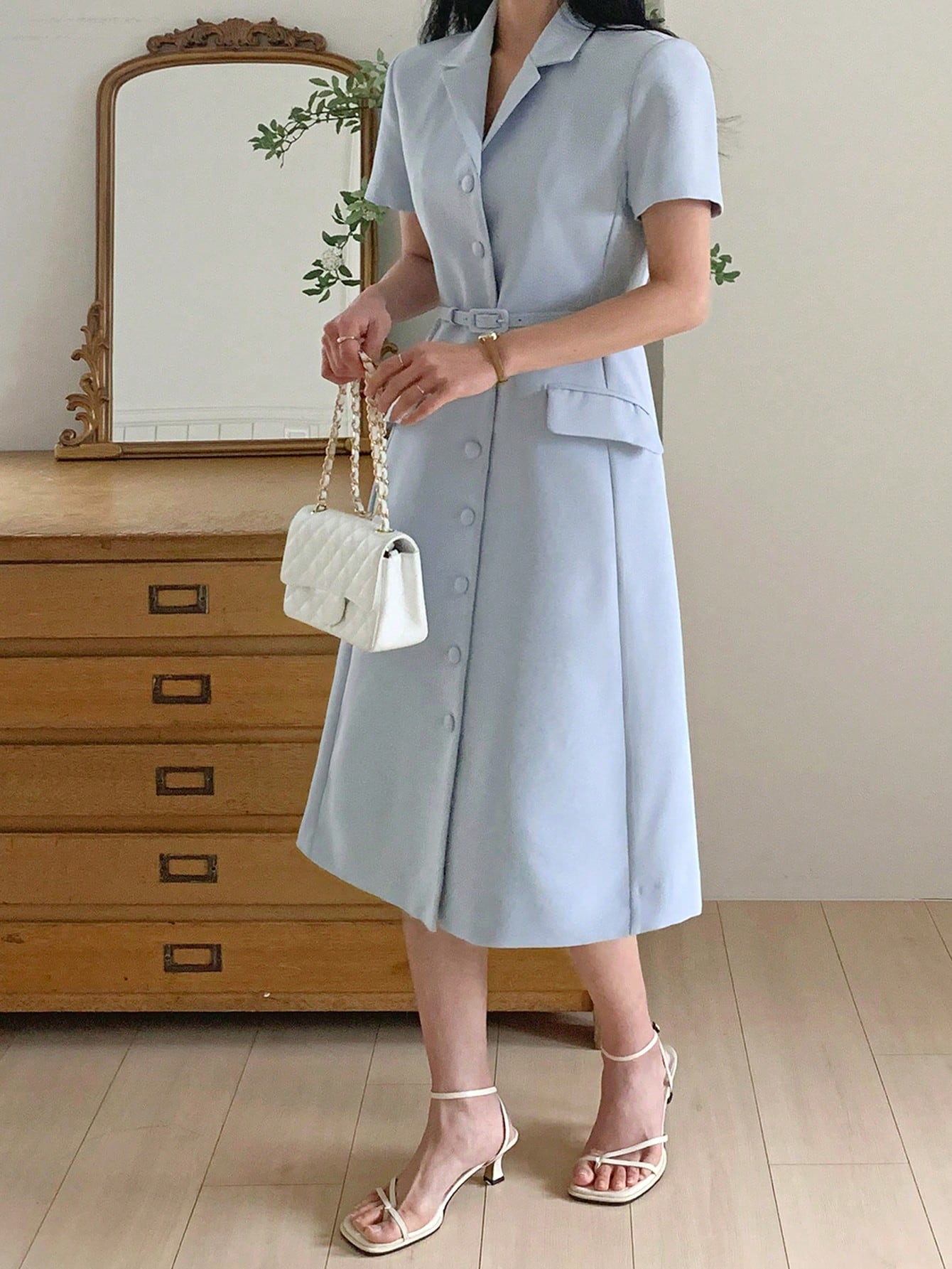 CM-DS642516 Women Casual Seoul Style Turndown Collar Waist Cinched Short Sleeve Midi Dress - Blue