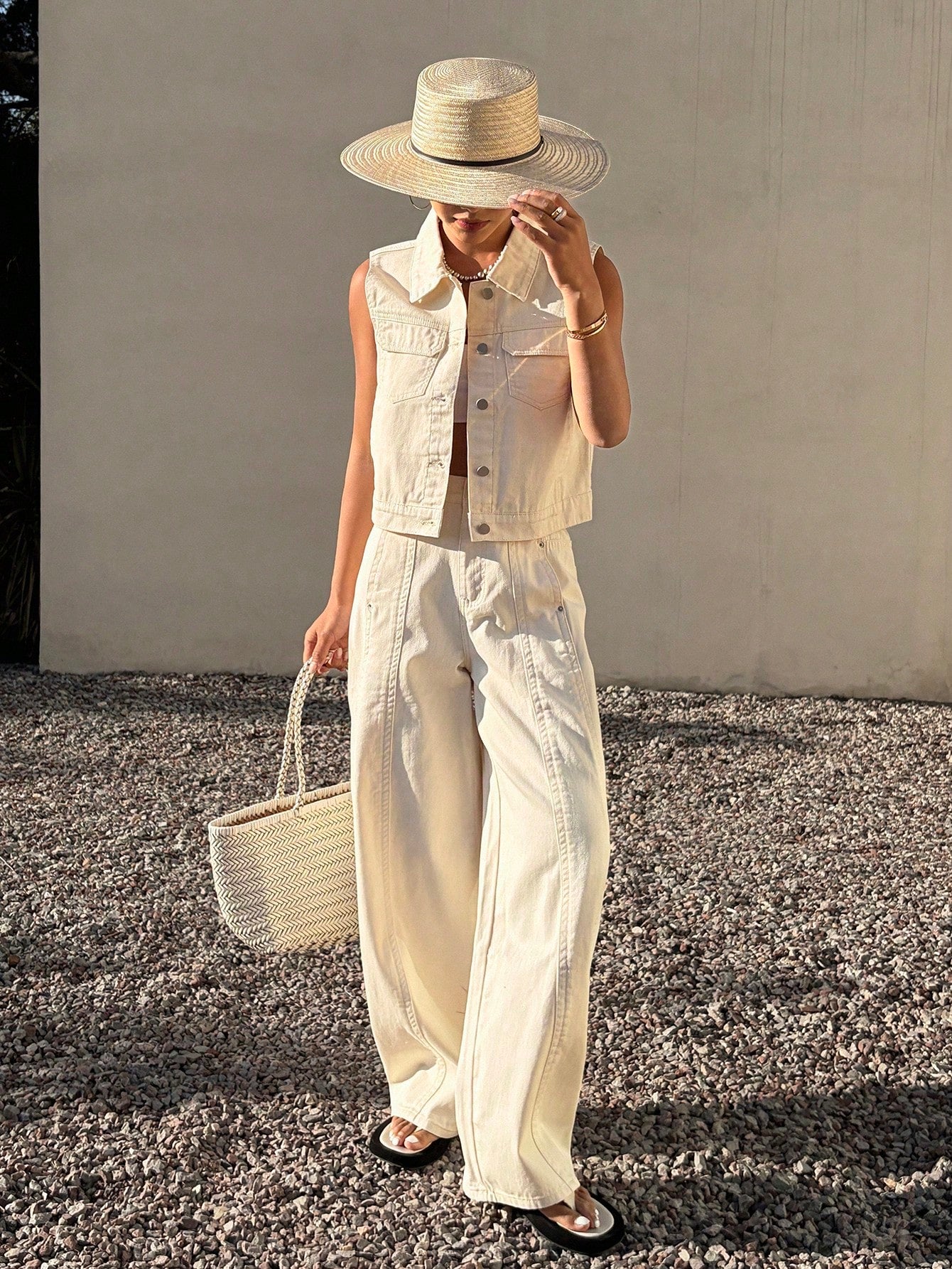 CM-SS888261 Women Elegant Seoul Style Collared Neckline Sleeveless Top With Long Pants - Set