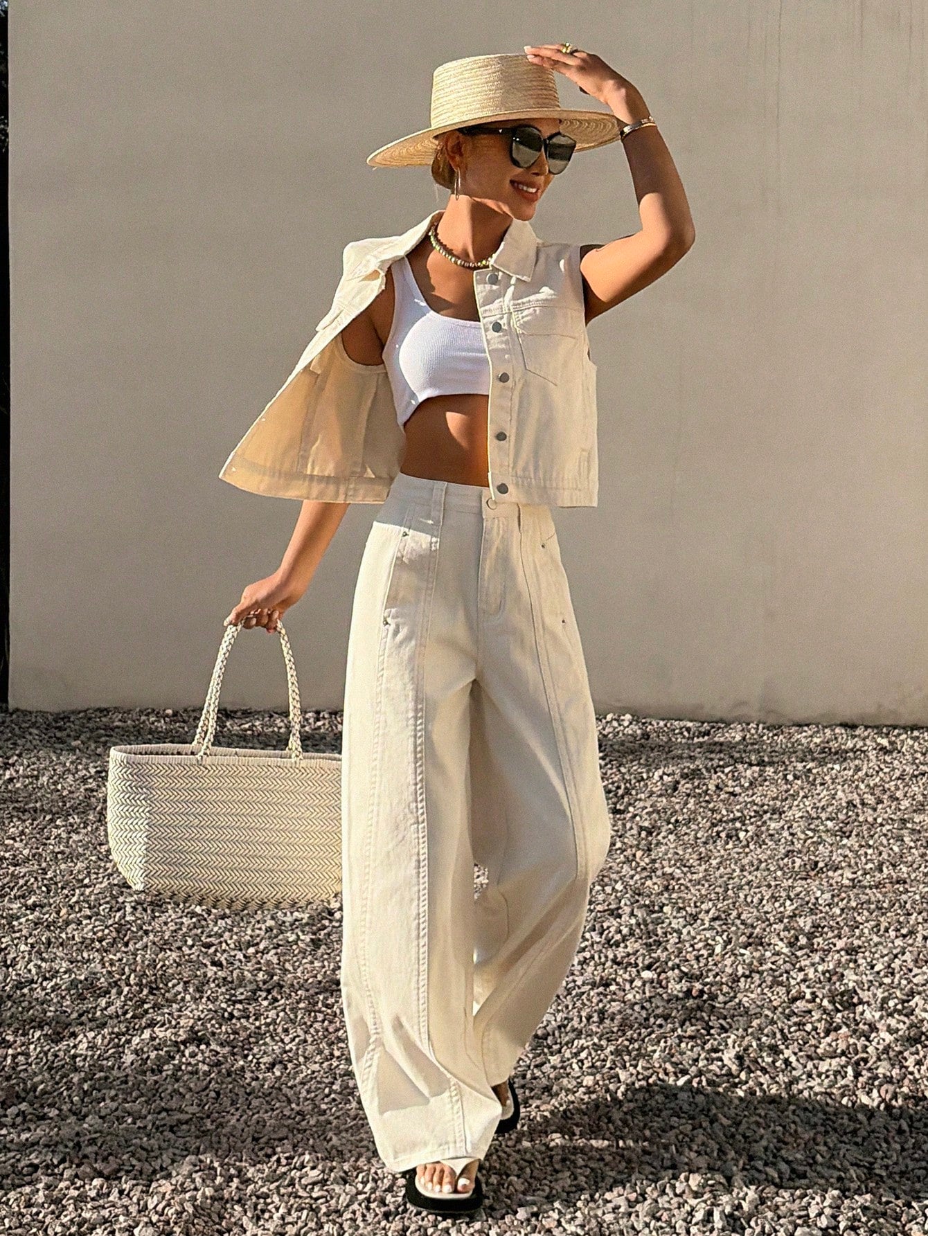 CM-SS888261 Women Elegant Seoul Style Collared Neckline Sleeveless Top With Long Pants - Set