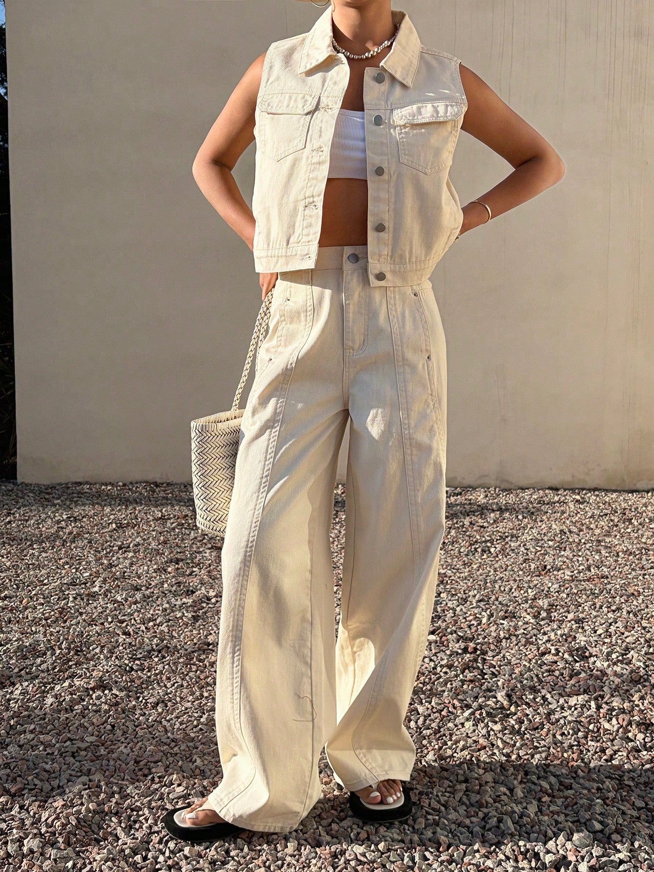 CM-SS888261 Women Elegant Seoul Style Collared Neckline Sleeveless Top With Long Pants - Set